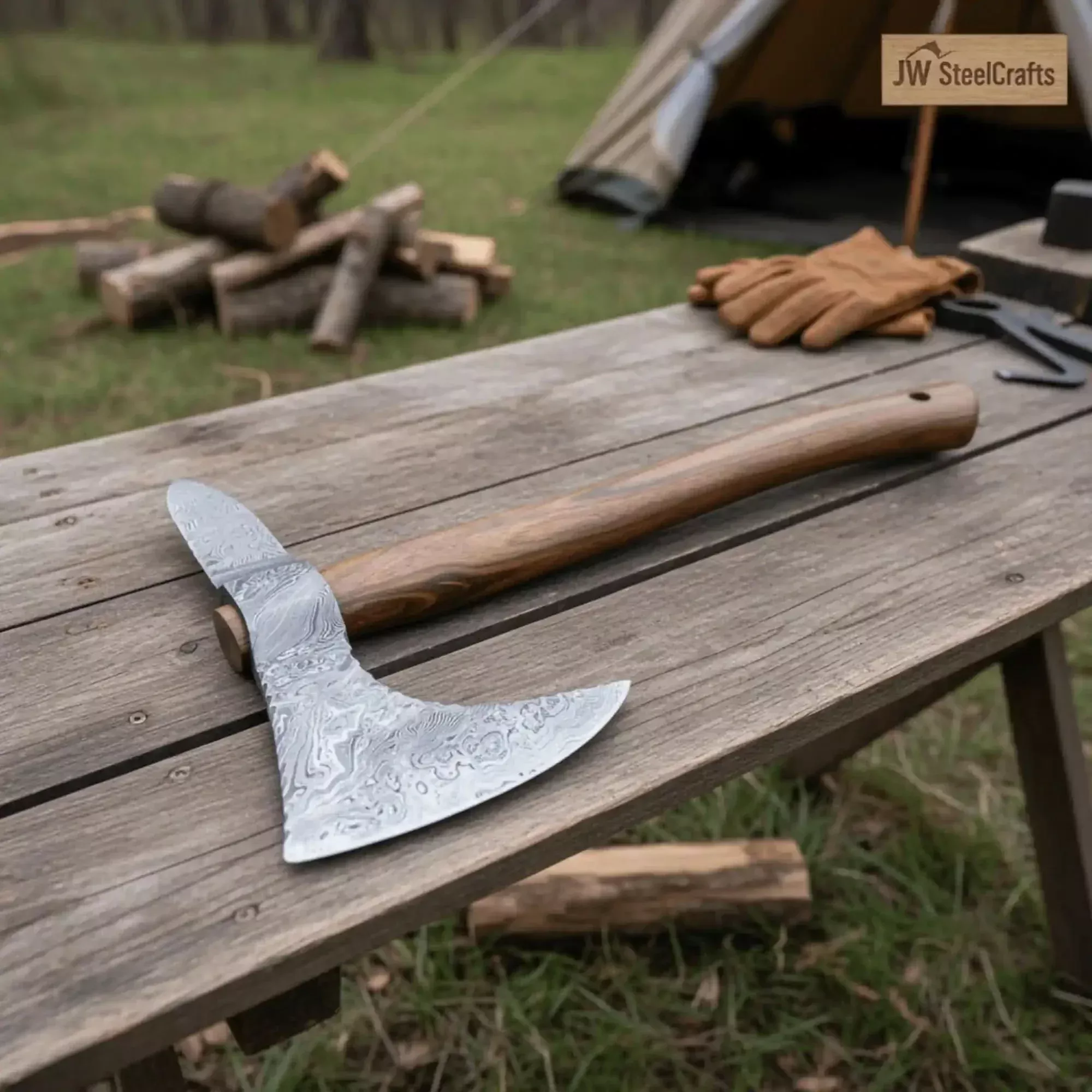 Damascus Spike Tomahawk with Wide Crescent Edge