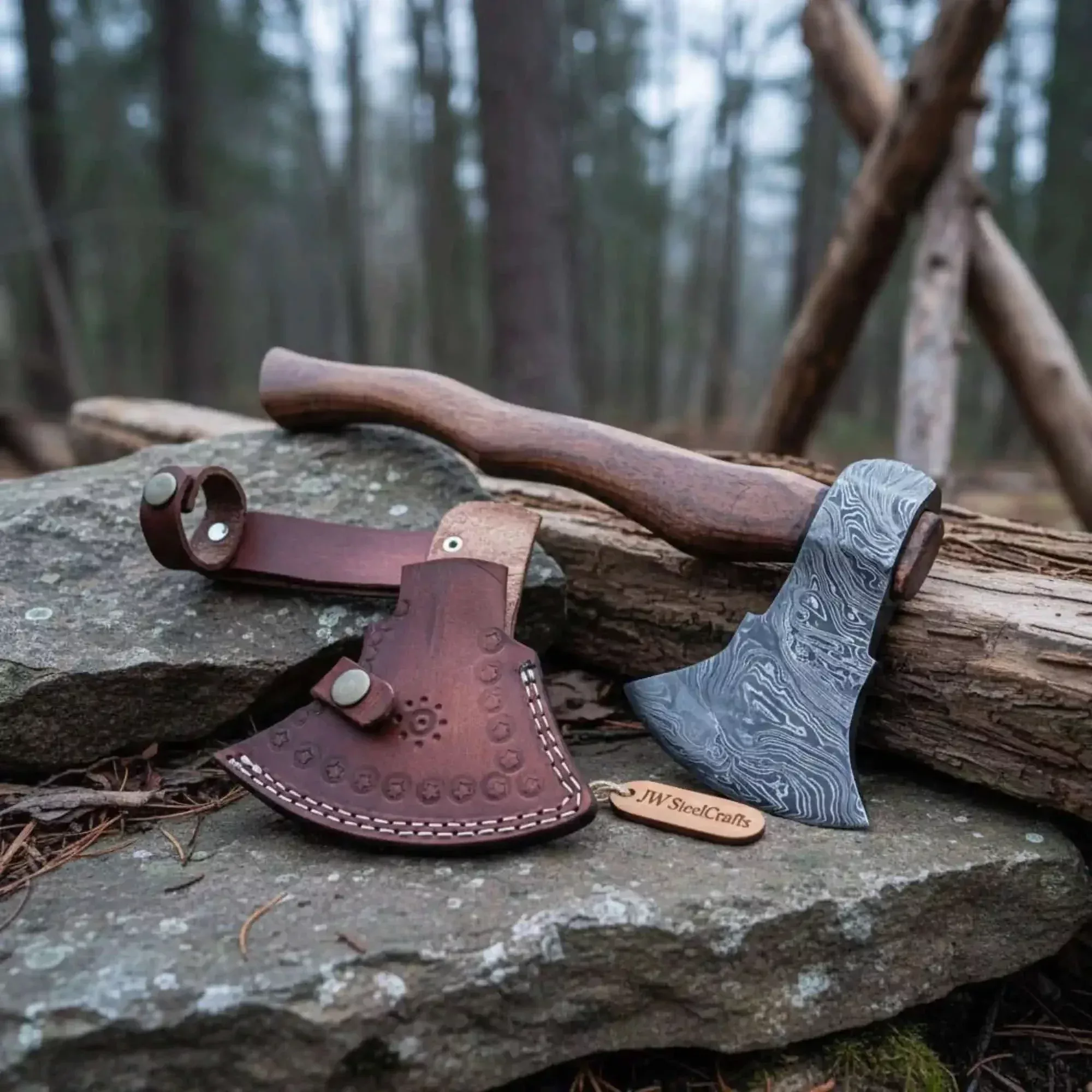 Damascus Steel Bearded Bushcraft Axe for Camping and Woodcraft