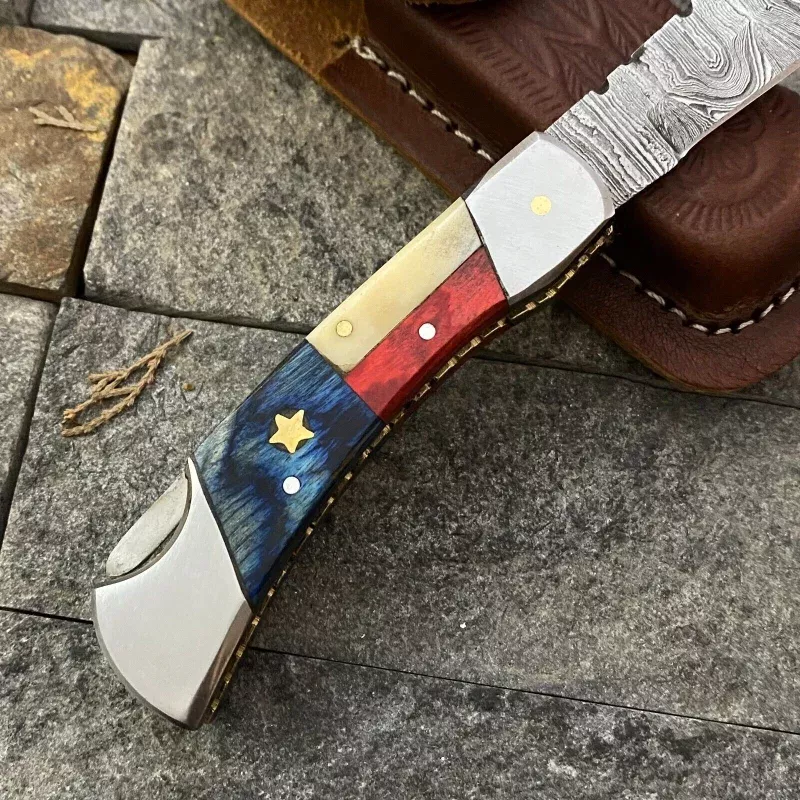 Damascus Steel Pocket Knife with Texas Flag Handle3 Blade, Leather Sheath