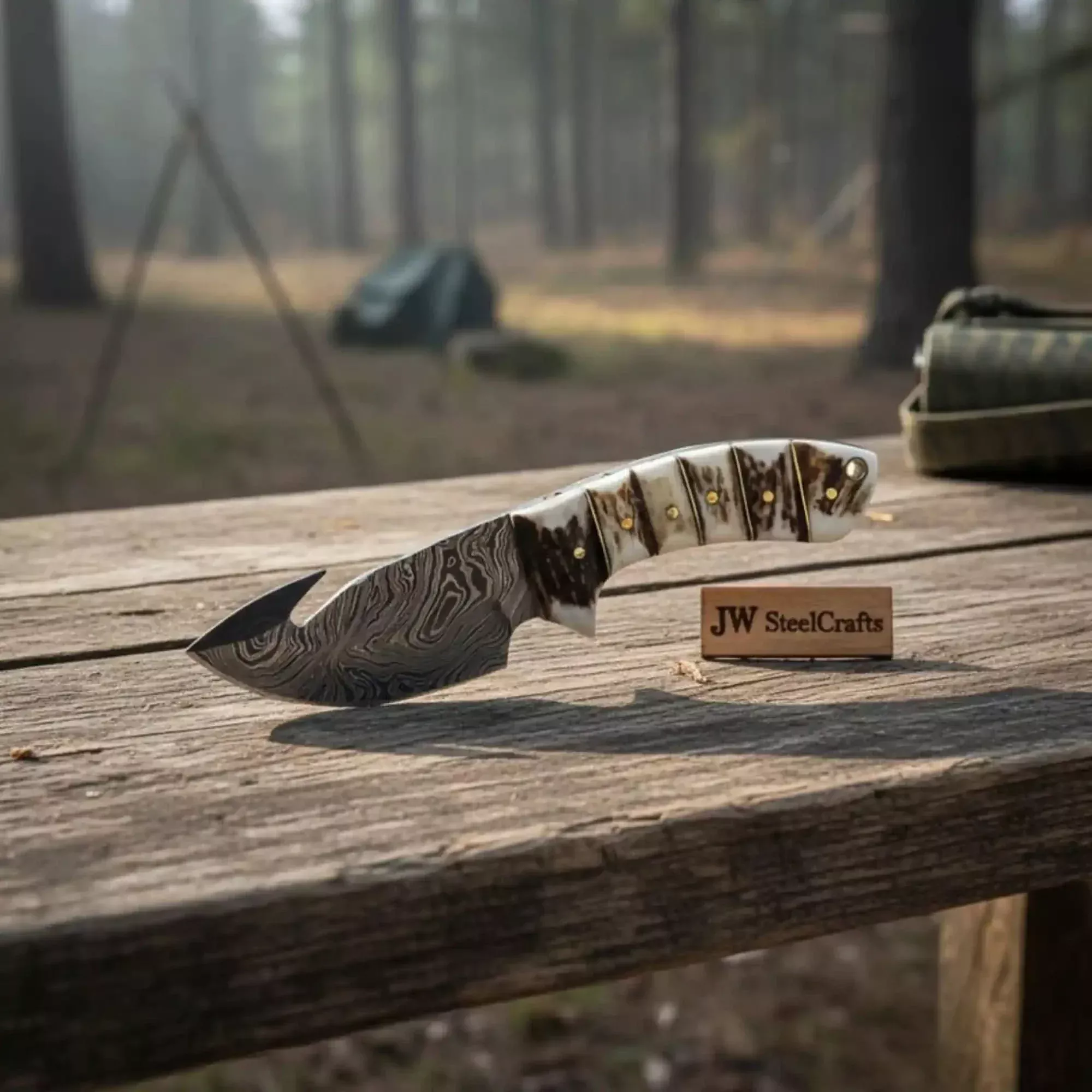 Damascus Steel Skinner Knife w/ Stag Handle and Gut Hook Fixed Blade Knife