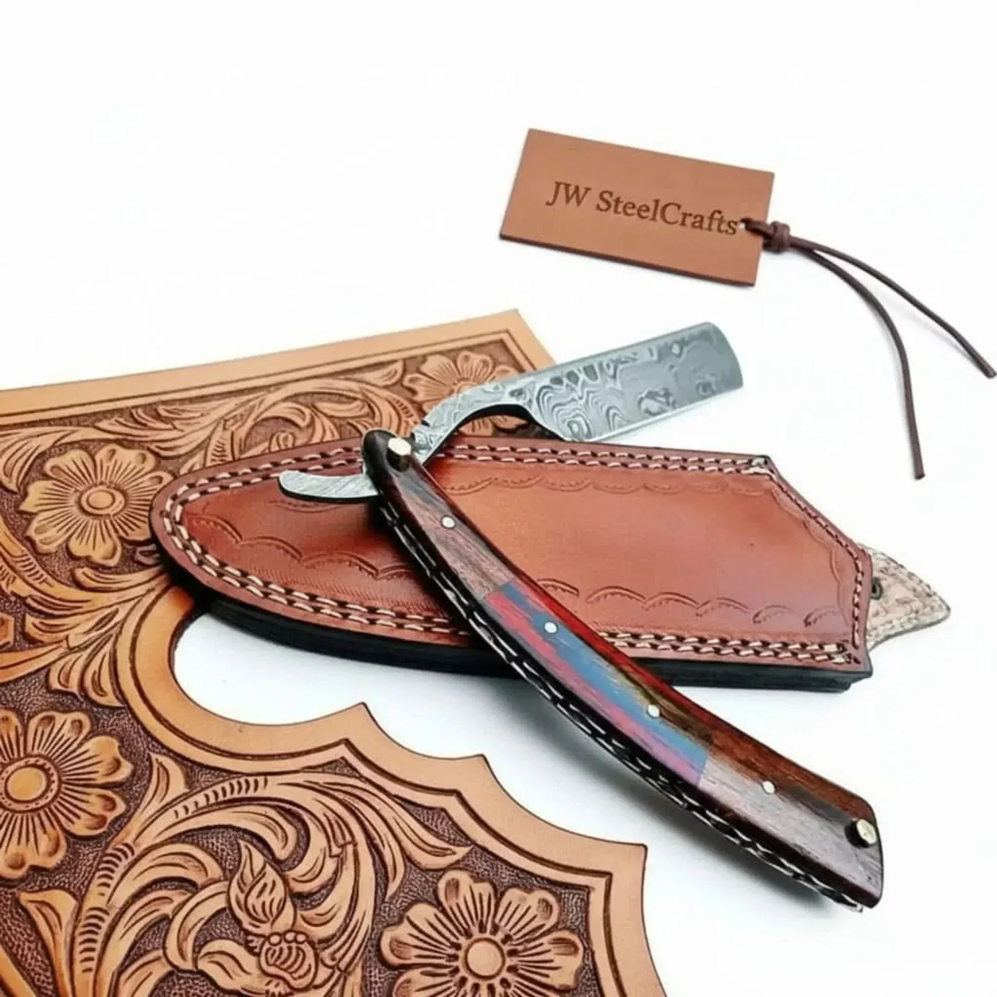Damascus Steel Straight Barber Razor with Multicolor Wood Handle