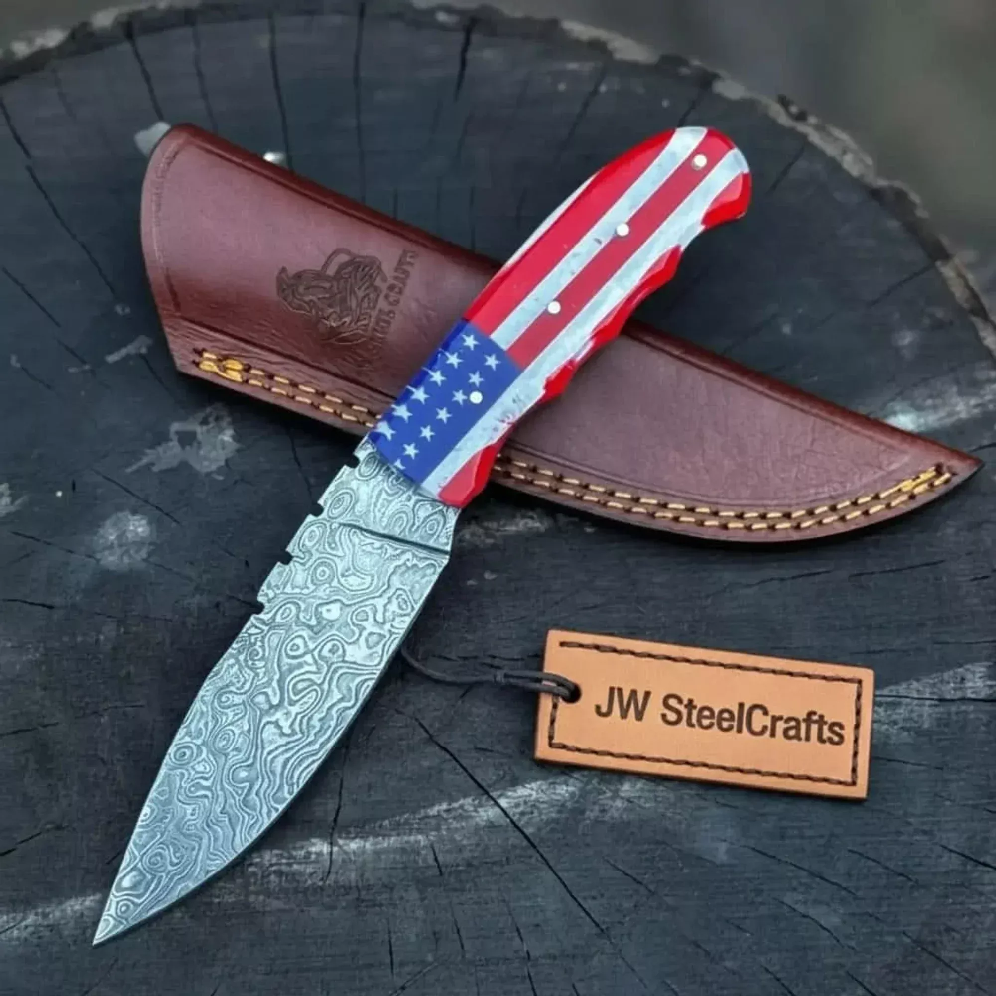 Damascus Steel USA Flag Handle Knife 5-Inch Raindrop, & Leather Sheath
