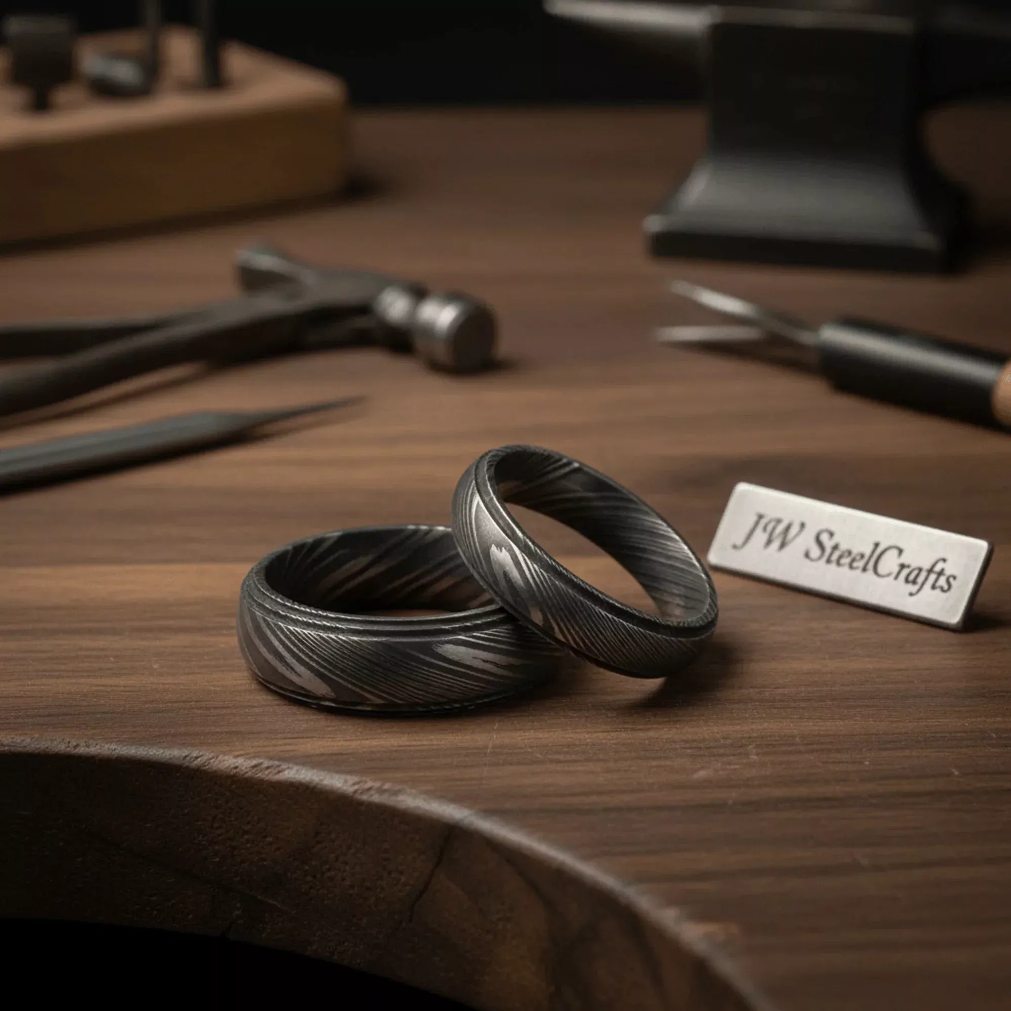 Damascus Steel Wedding Band Set with Wide and Slim Black Rings