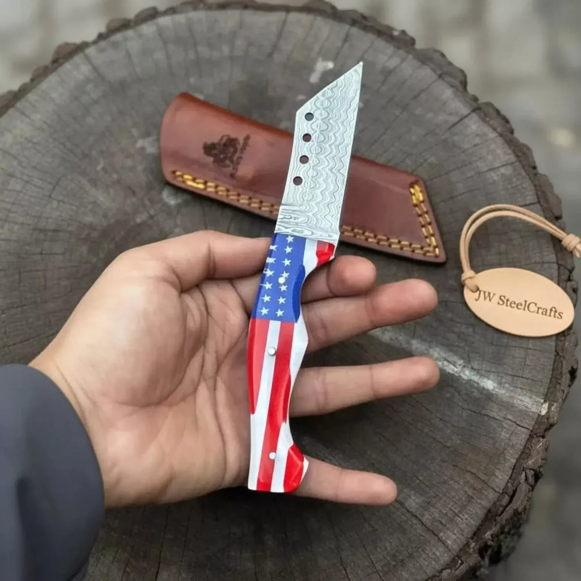 Damascus Tanto Fixed Blade Knife with American Flag Resin Handle, and Leather Sheath