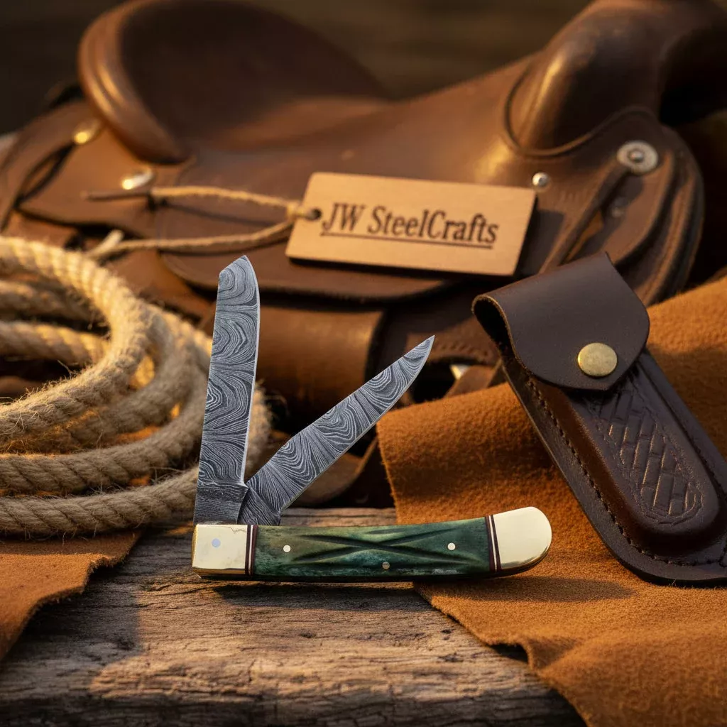 Damascus Trapper Pocket Knife Two Blade Folding Knife with Green Bone Handle