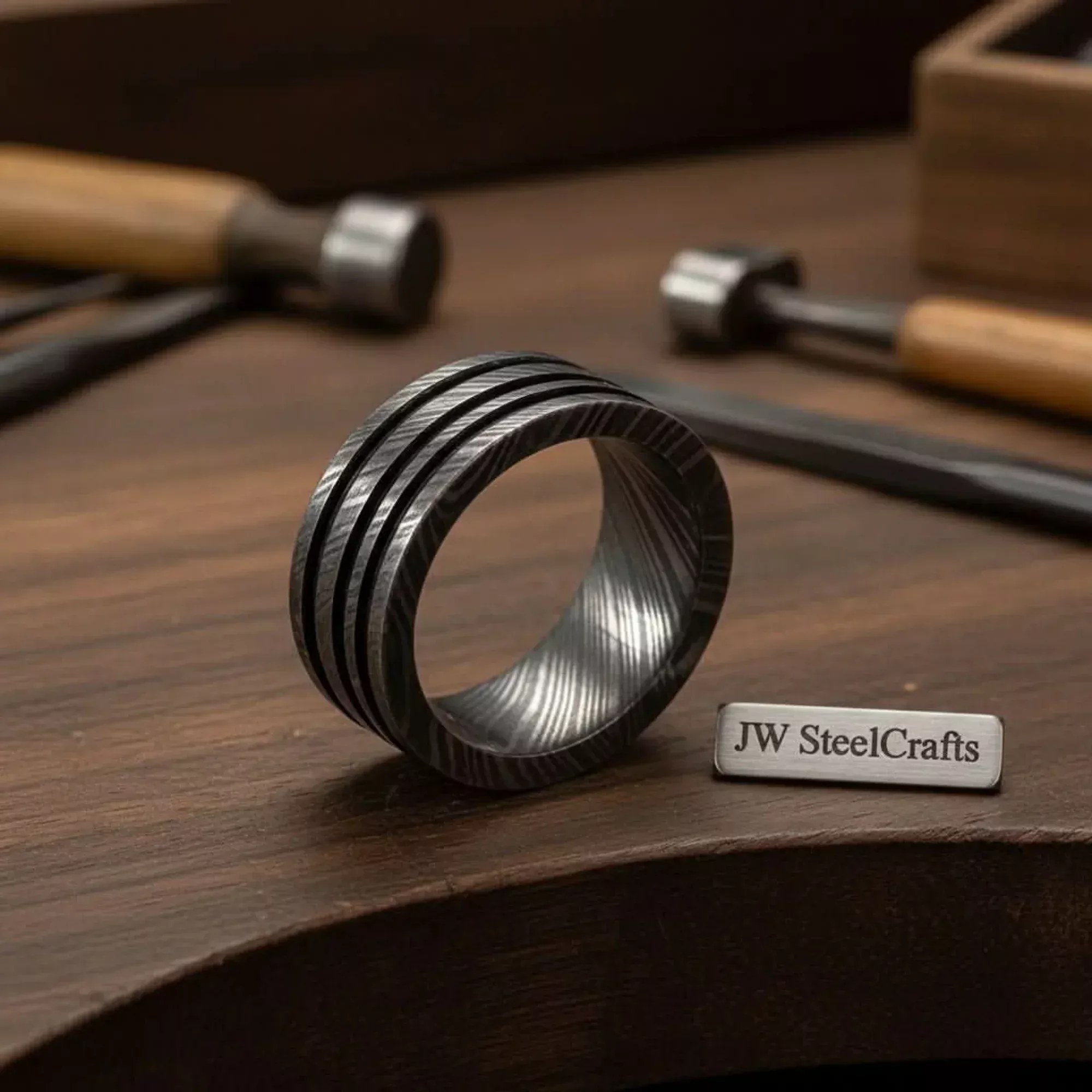 Damascus Triple Groove Ring with Three Cut Grooves