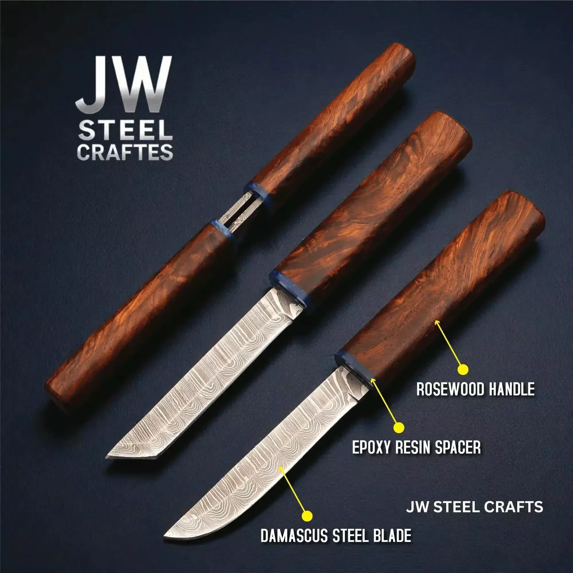 Damascus Utility Knife 5-Inch Blade, Natural Rosewood Handle