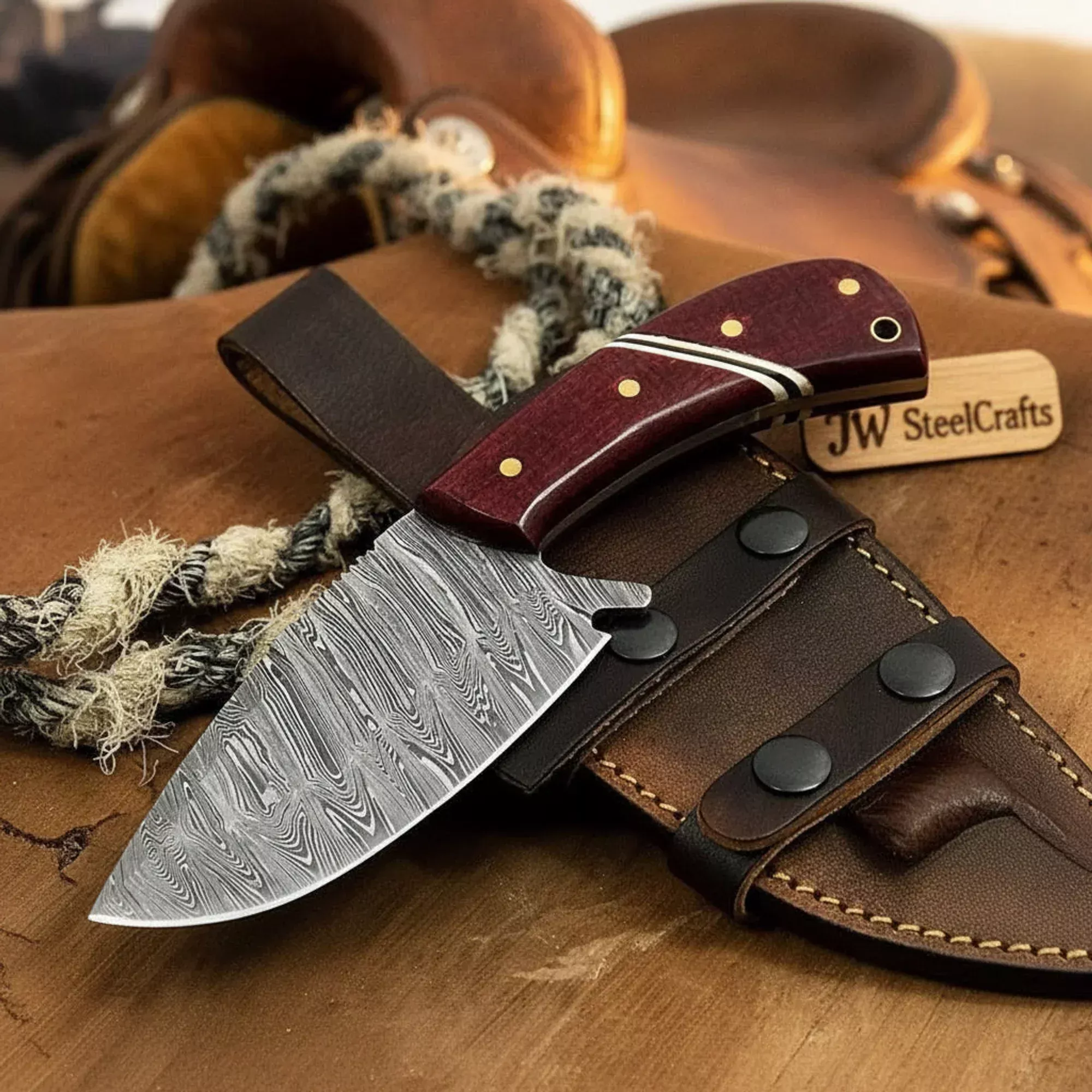 Damascus Wide-Belly Skinner with Red Micarta Handle