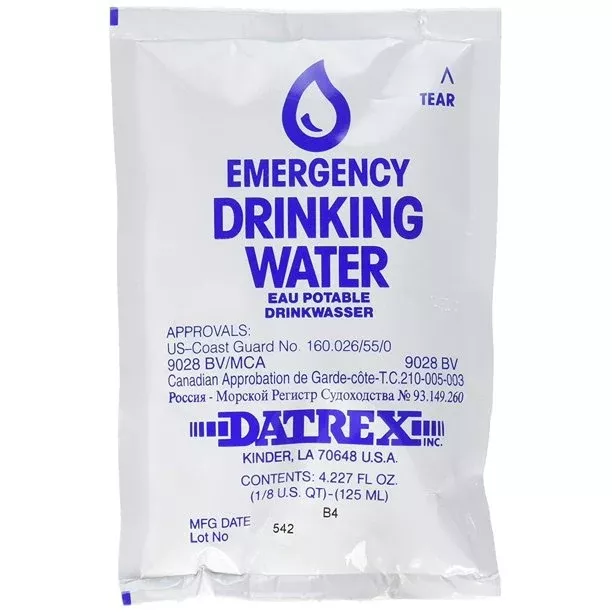 Datrex Emergency Drinking Water Pouches (4.2oz) – USCG Approved, Case of 64