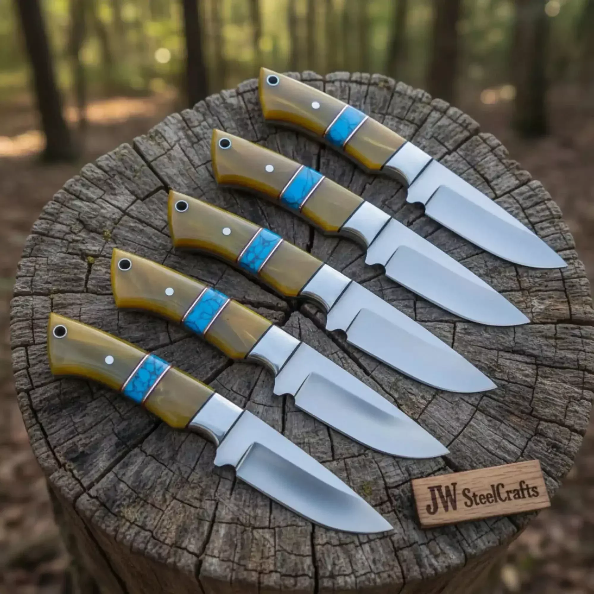 Desert Turquoise Bushcraft Knife Set 7″ Handmade Set of 5 with Turquoise Spacers