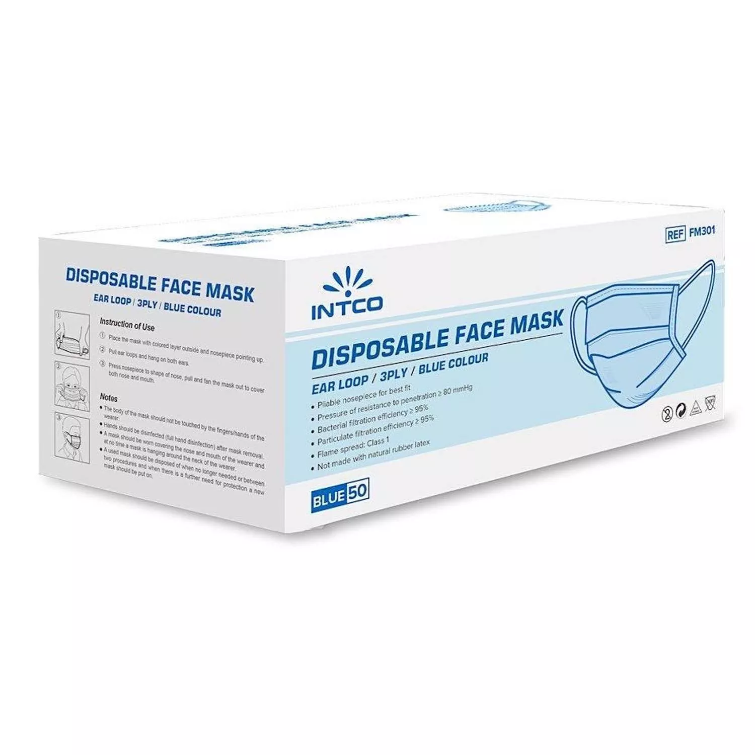 Disposable 3-ply Face Mask with Ear Loop, blue, Box of 50
