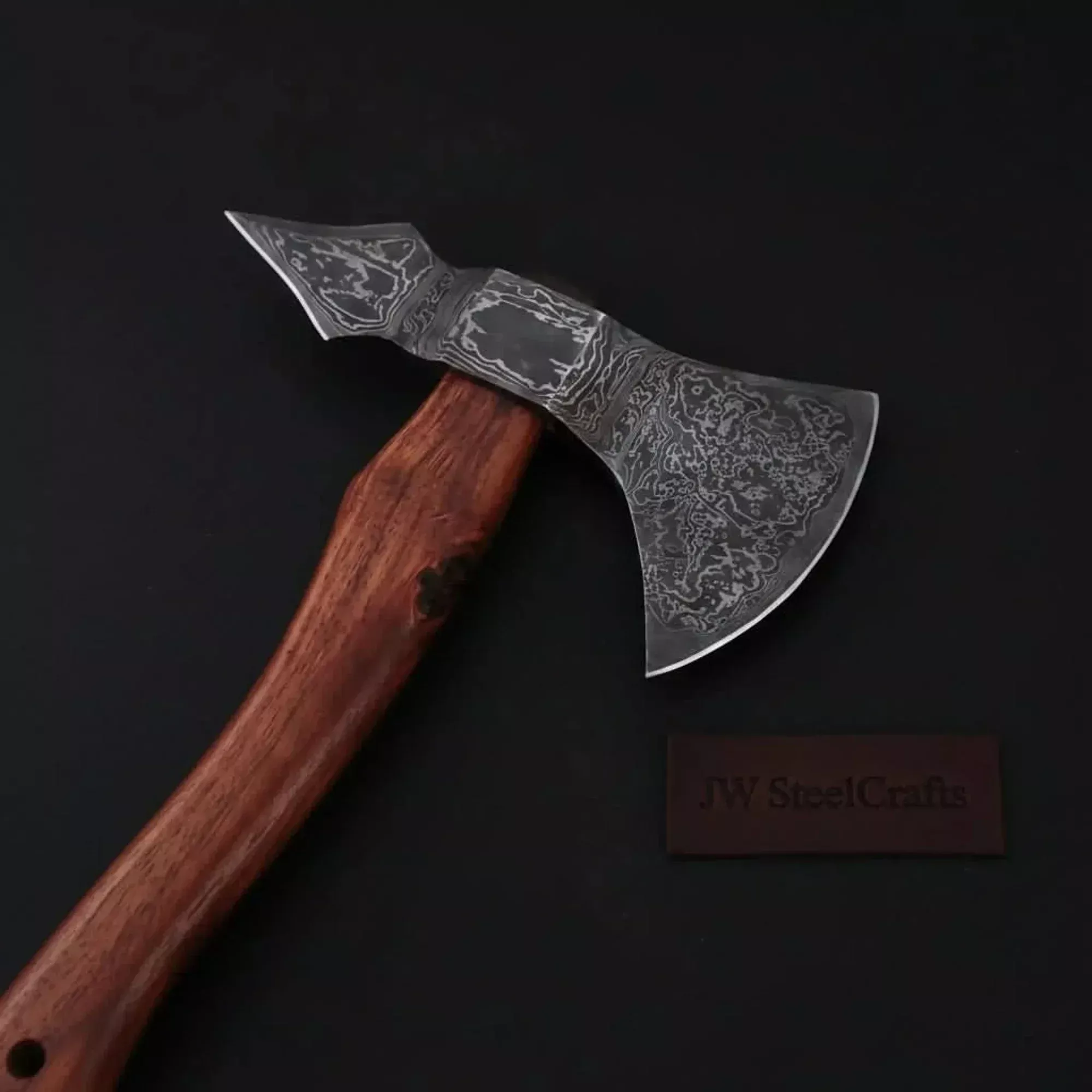 Double-Bit Damascus Axe Head with Rear Spike Variant