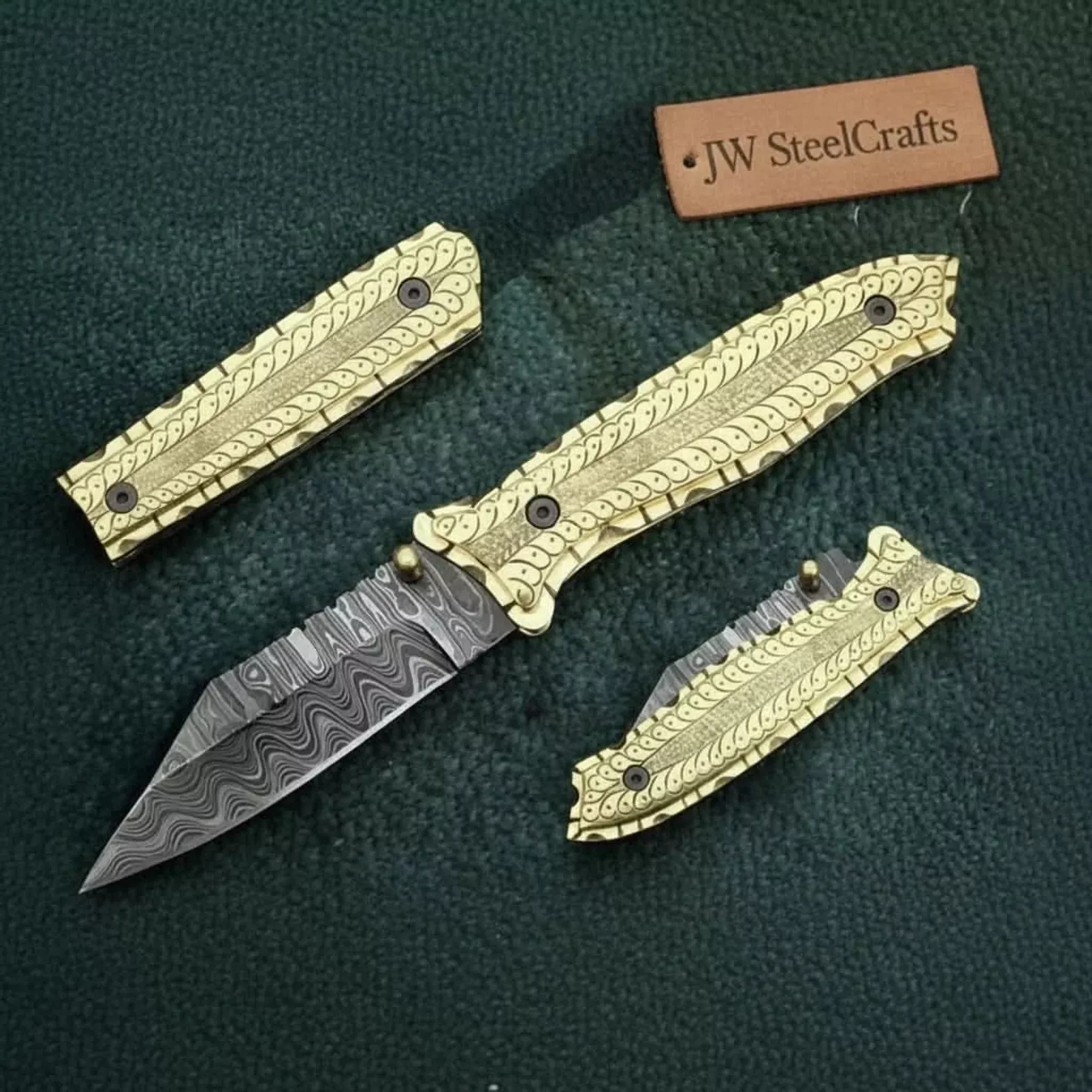 Engraved Brass Bushido Folding Knife with Damascus Drop Point Blade