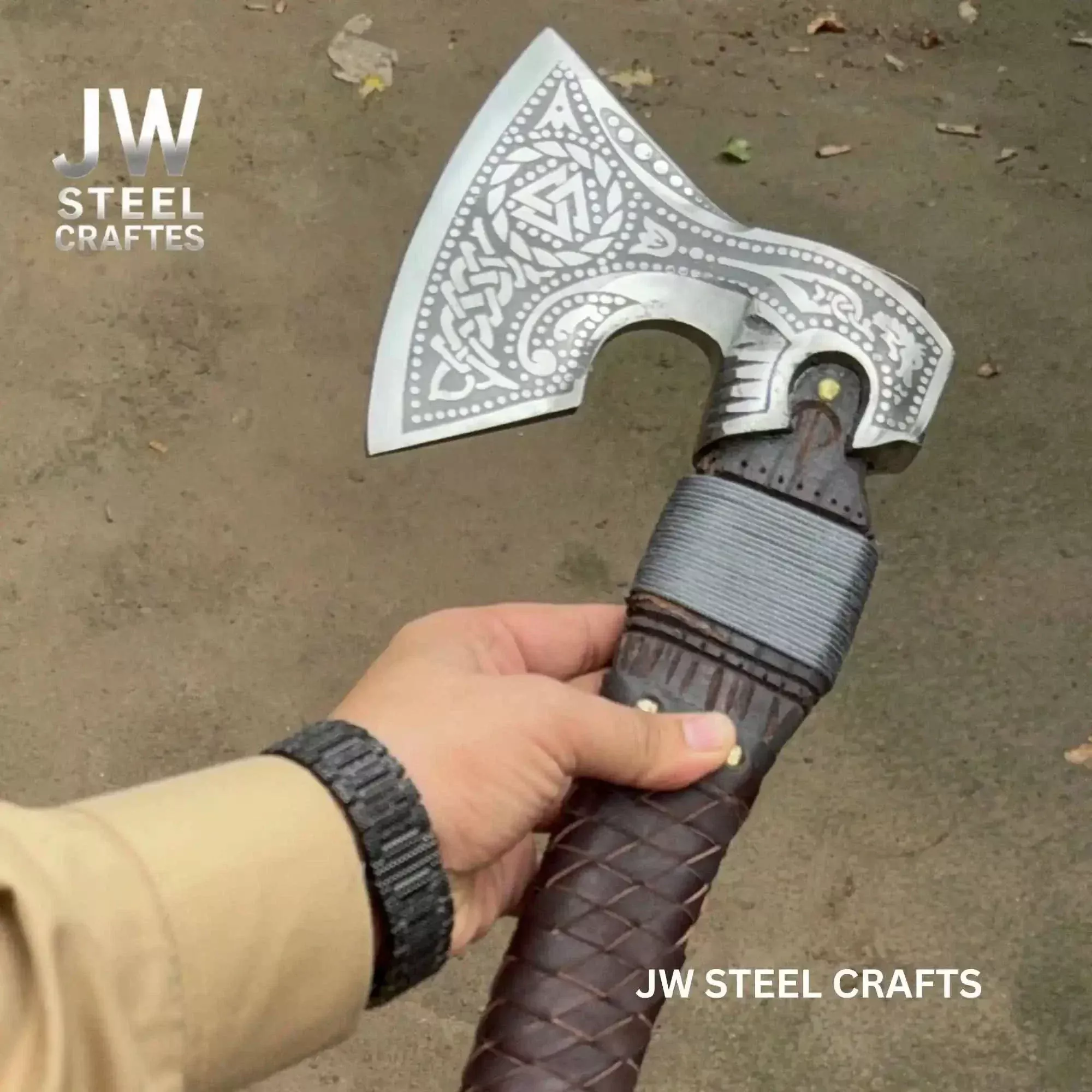 Engraved Norse Valknut Hatchet with Braided Leather Handle
