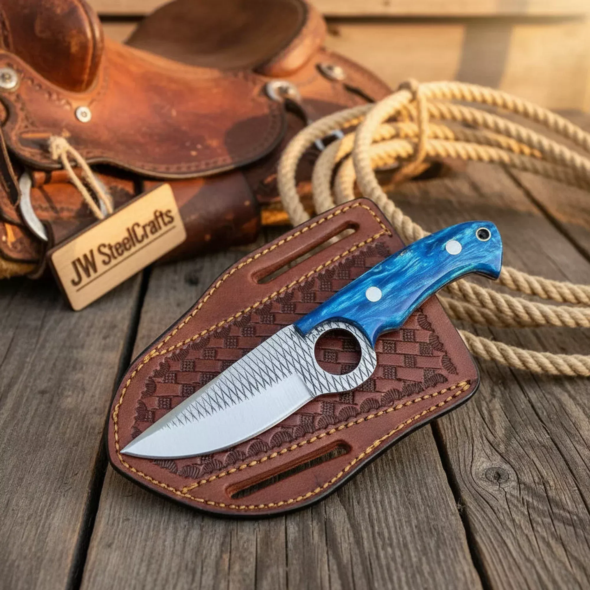 Finger-Hole Skinning Knife with Blue Pakka Wood Handle