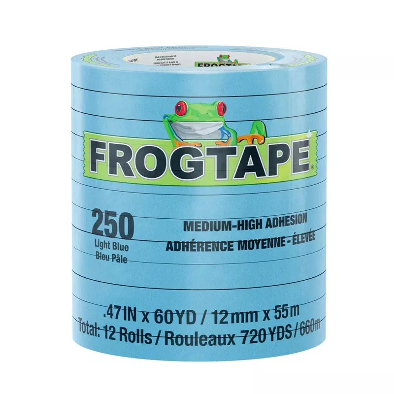 FrogTape CP 250 Medium-High Adhesion Masking Tape – 12MM x 55M x 12-Pack – Light Blue – Rated for 250F