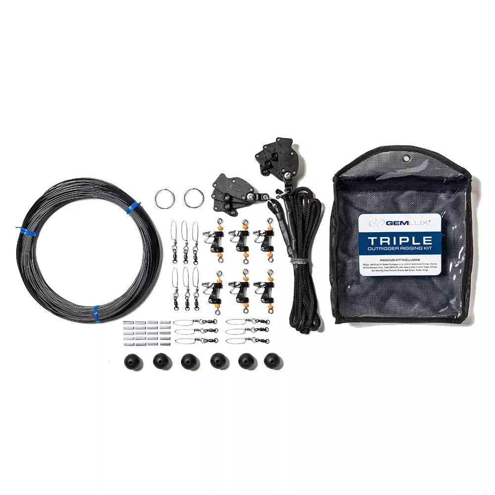 Gemlux | Triple Outrigger Rigging Kit | Model OR-RK-3B & OR-RK-3W | Line Length 100 Yards | 400 lb UV-Stable Line | For 22′ Outrigger Poles