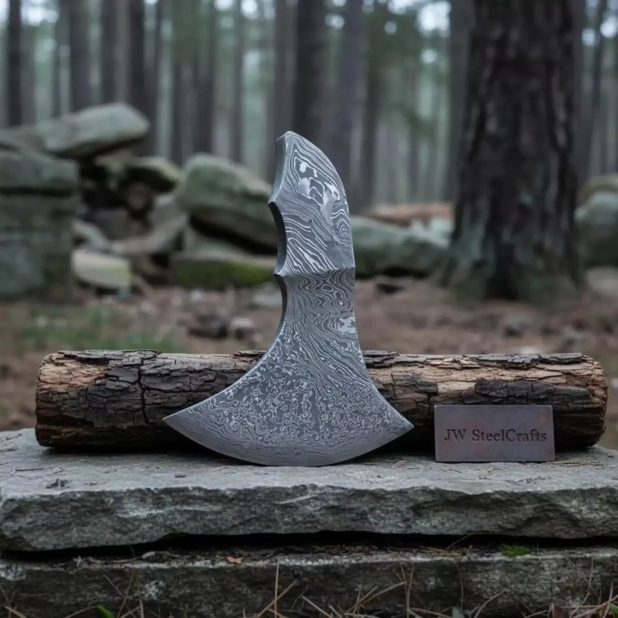 Grimvisage Damascus Axe 6″ Handmade Viking Bearded Axe Head, Acid-Etched
