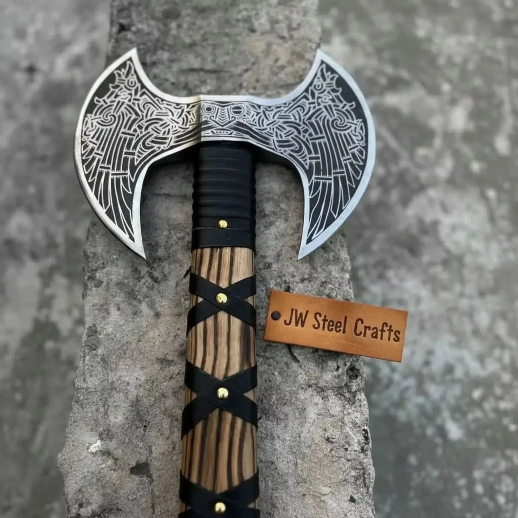 Hand Engraved Double Headed Viking Axe with Nordic Knotwork and Leather Wrapped Handle