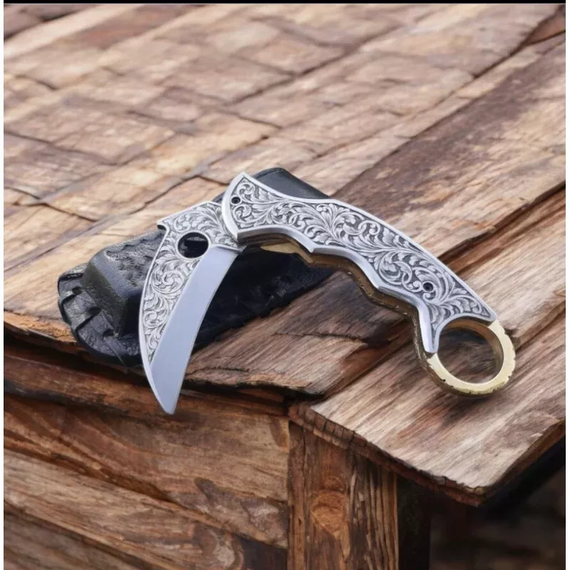 Hand-Engraved J2 Steel Folding Knife with Leather Case – 7.5 Overall Length