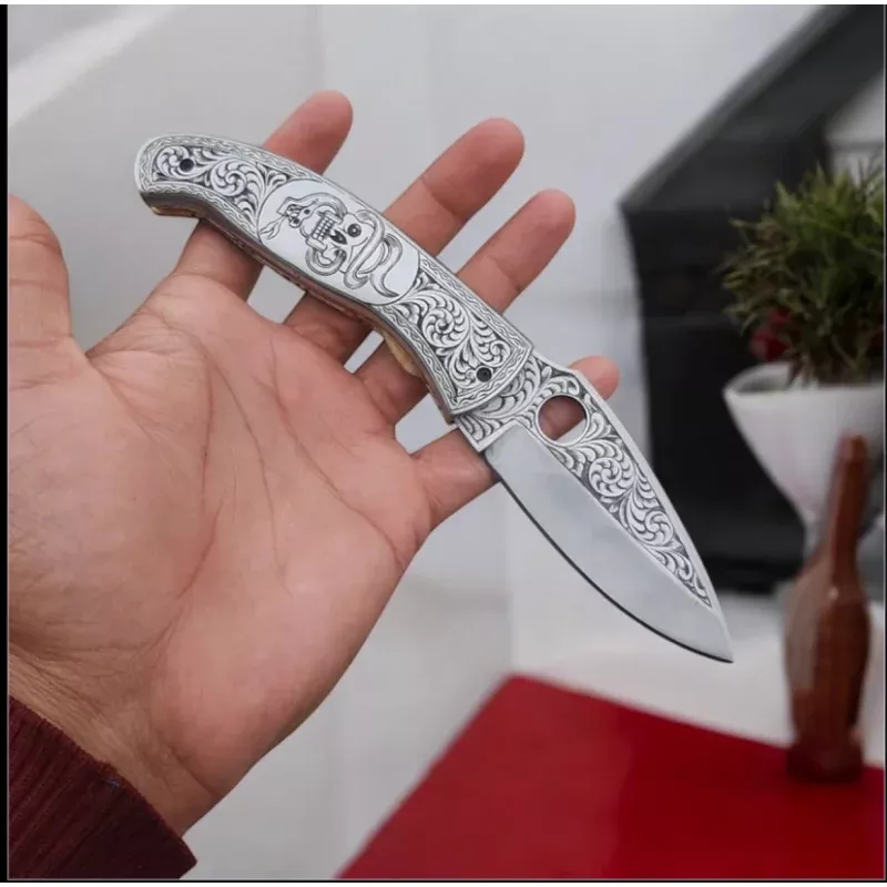 Hand Engraved J2 Steel Pocket Knife7.5 Folding EDC with Leather Case