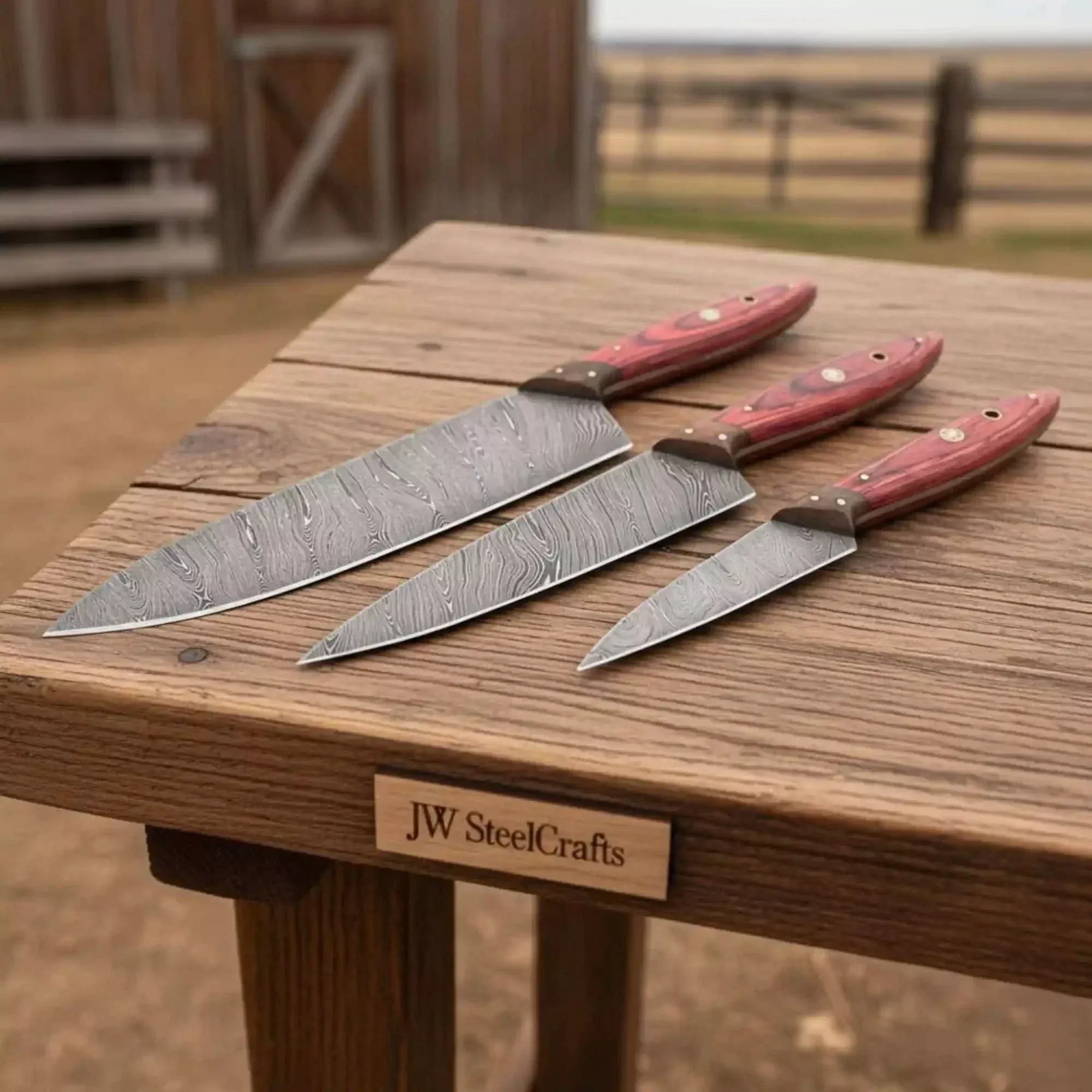 Hand Forged 3-Piece Damascus Chef Knife Set — 14, 12 & 9 Inch Blades