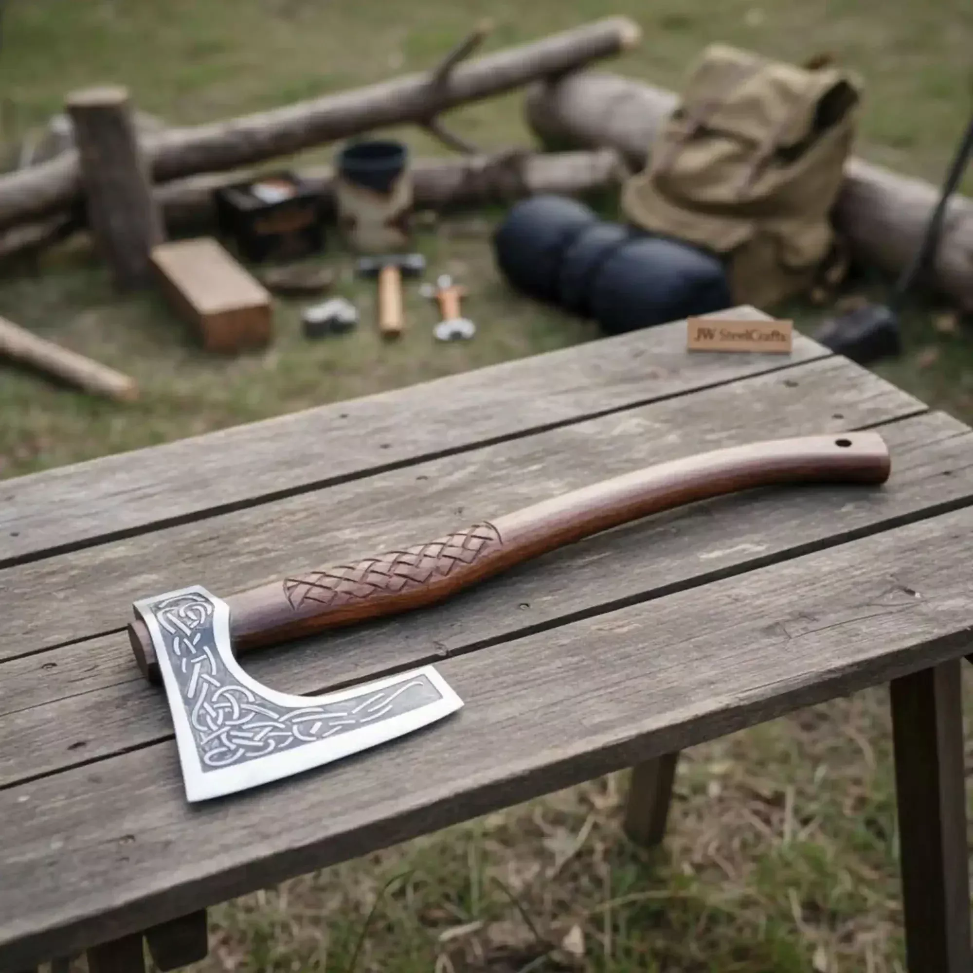 Hand-Forged Viking Bearded Camp Axe with Engraved Head and Leather Wrapped Handle
