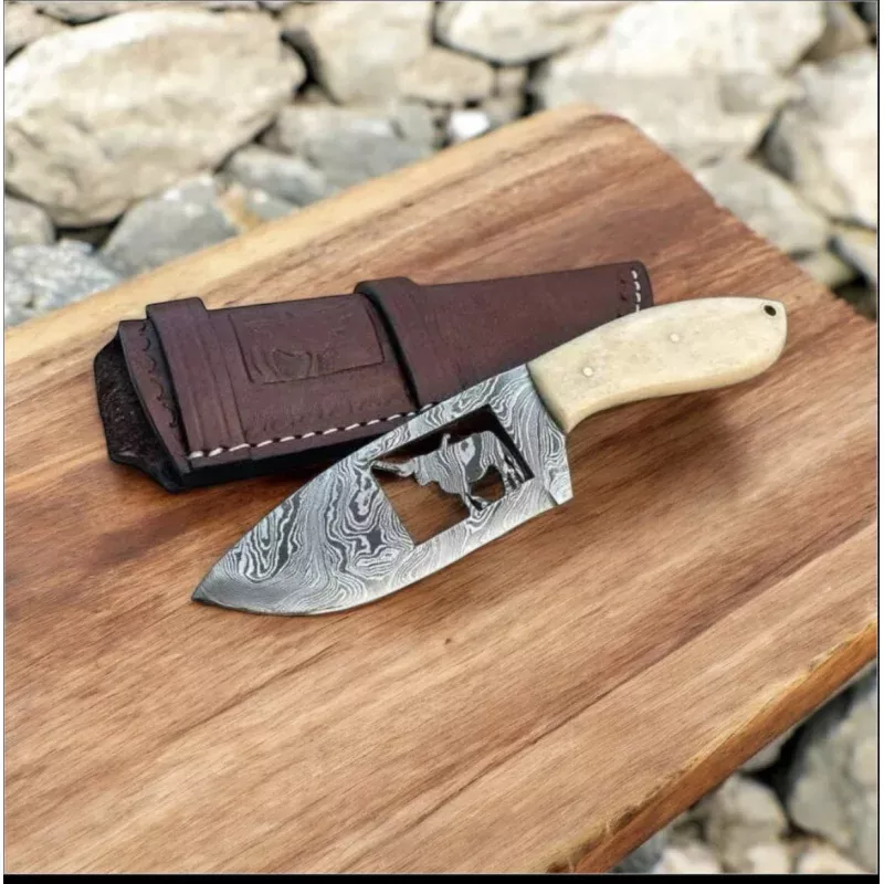 Handcrafted Cowboy Belt KnifeDamascus & Camel Bone | 7 EDC