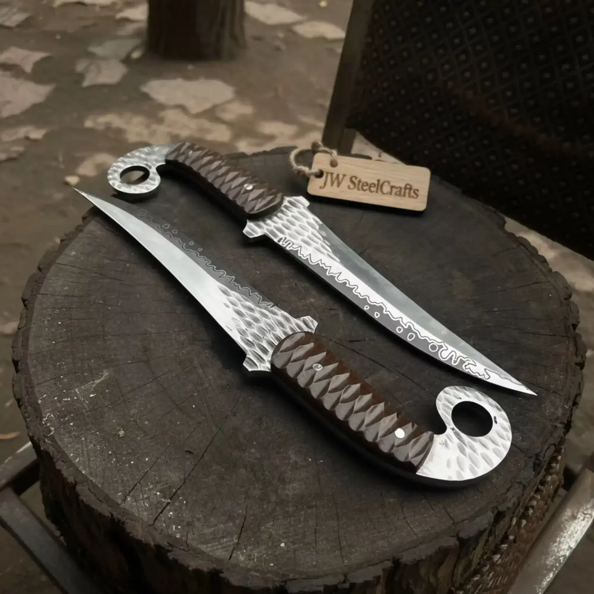 Handcrafted Persian Inspired Fixed Blade Knife Trailing Point Curved Blade with Finger Ring Tactical Utility Knife