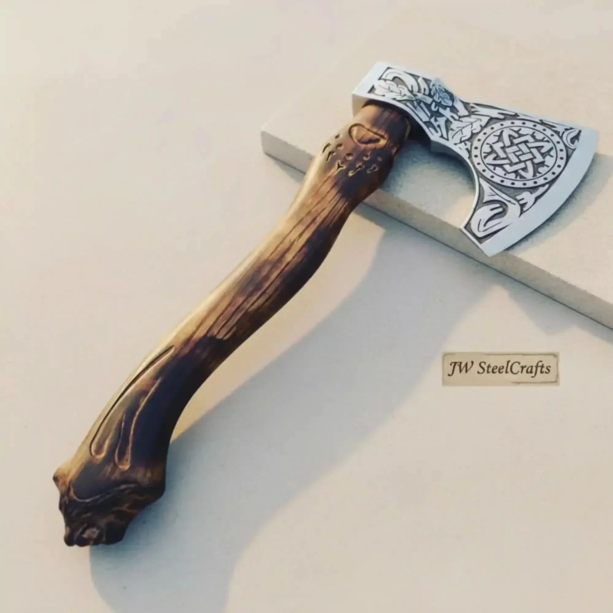 Handcrafted Viking Bearded Axe Engraved Blade Wolf Carved Wooden Handle Functional Sharp Edge