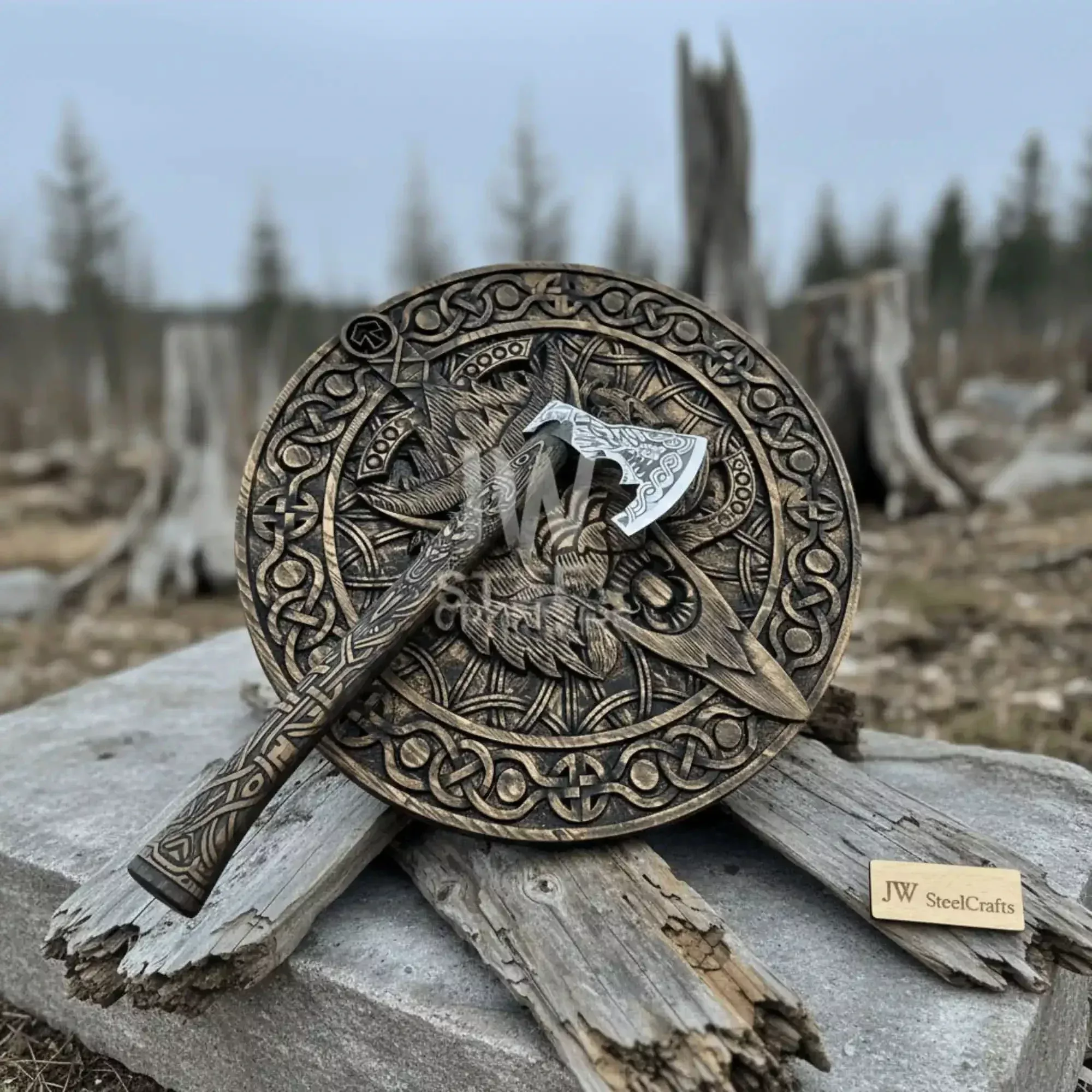 Handcrafted Viking Shield and Engraved Axe Set with Raven Motif and Norse Knotwork