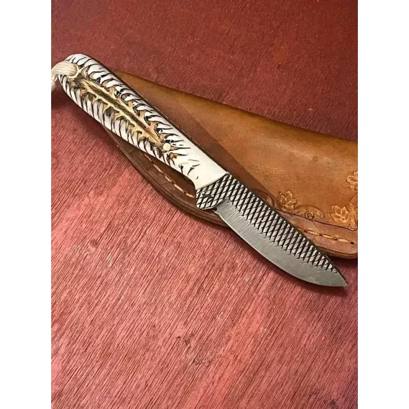 Handmade Buckaroo Belt Knife8 Rasp Steel Blade with Epoxy Pine Cone Handle & Western Leather Sheath