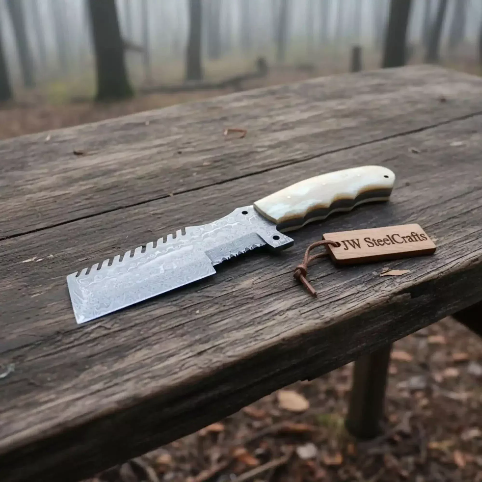 Handmade Damascus Combtooth Tracker Knife 10″ with Bone Handle, Fixed Blade