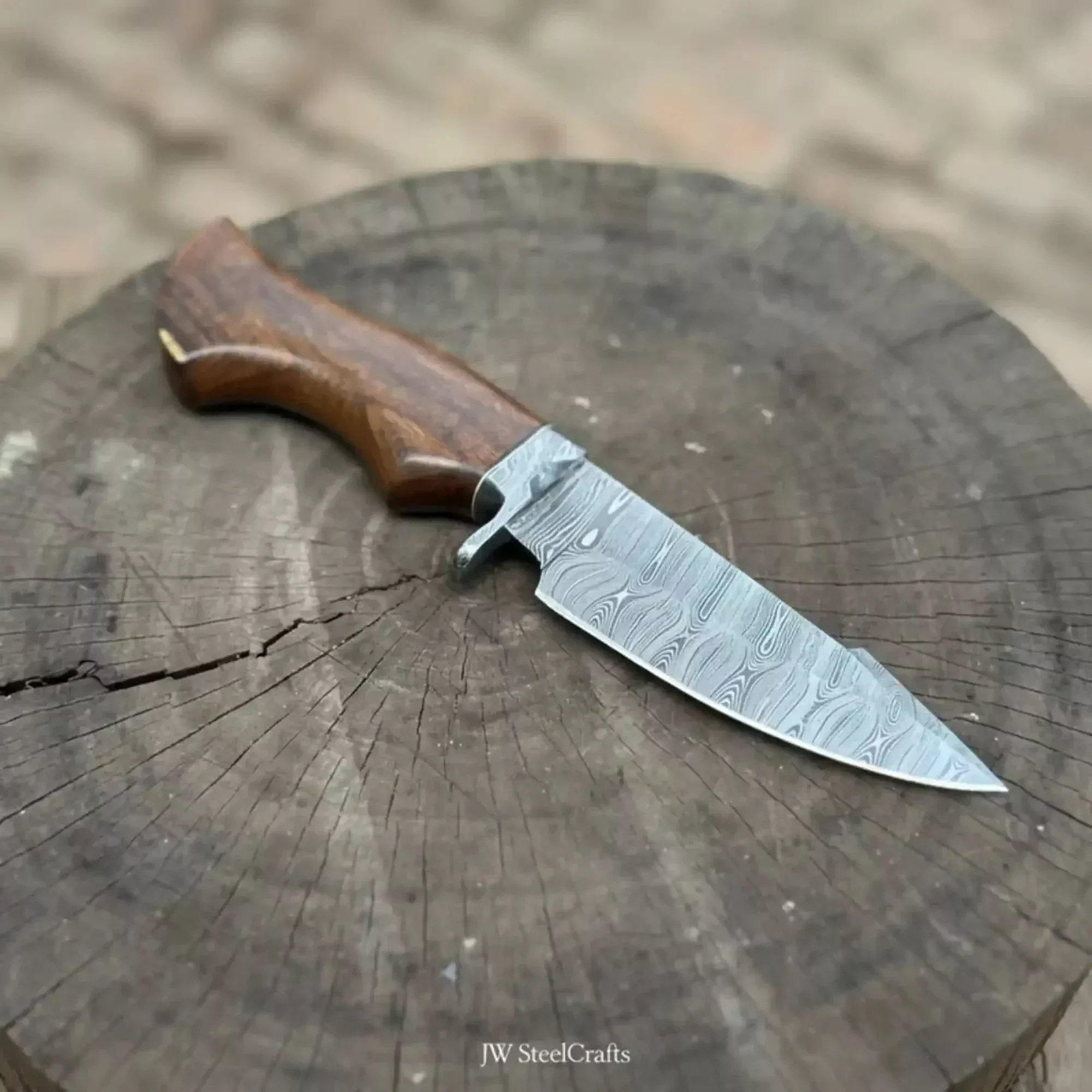 Handmade Damascus Drop Point Hunting Knife with Rose Wood Handle
