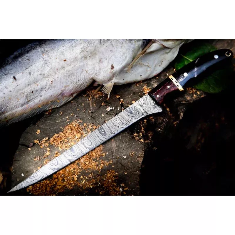Handmade Damascus Fillet Knife 13Buffalo Horn, Rosewood & Brass Handle with Leather Sheath