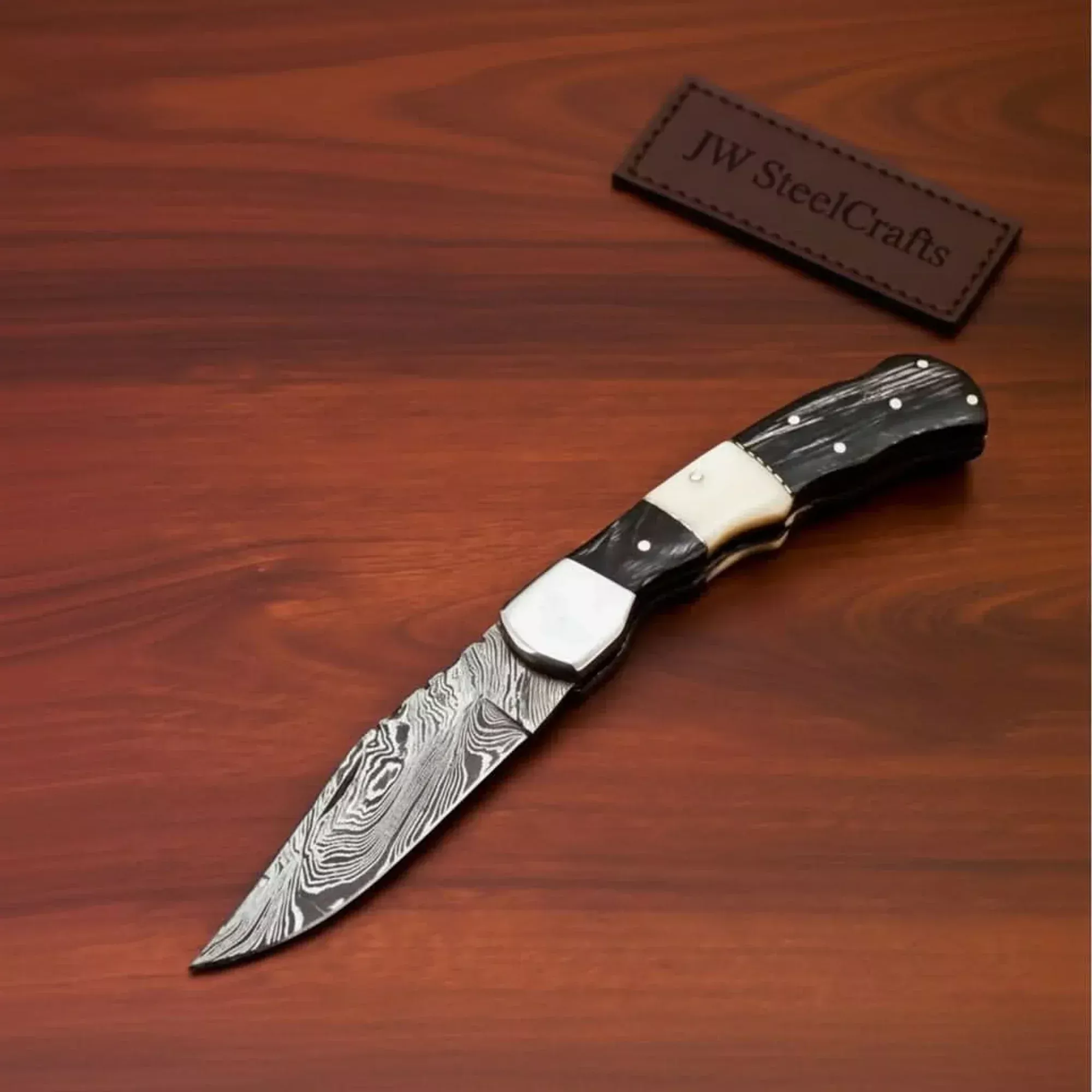 Handmade Damascus Folding Pocket Knife Engraved & Plain Handle Variants | Leather Sheath Included