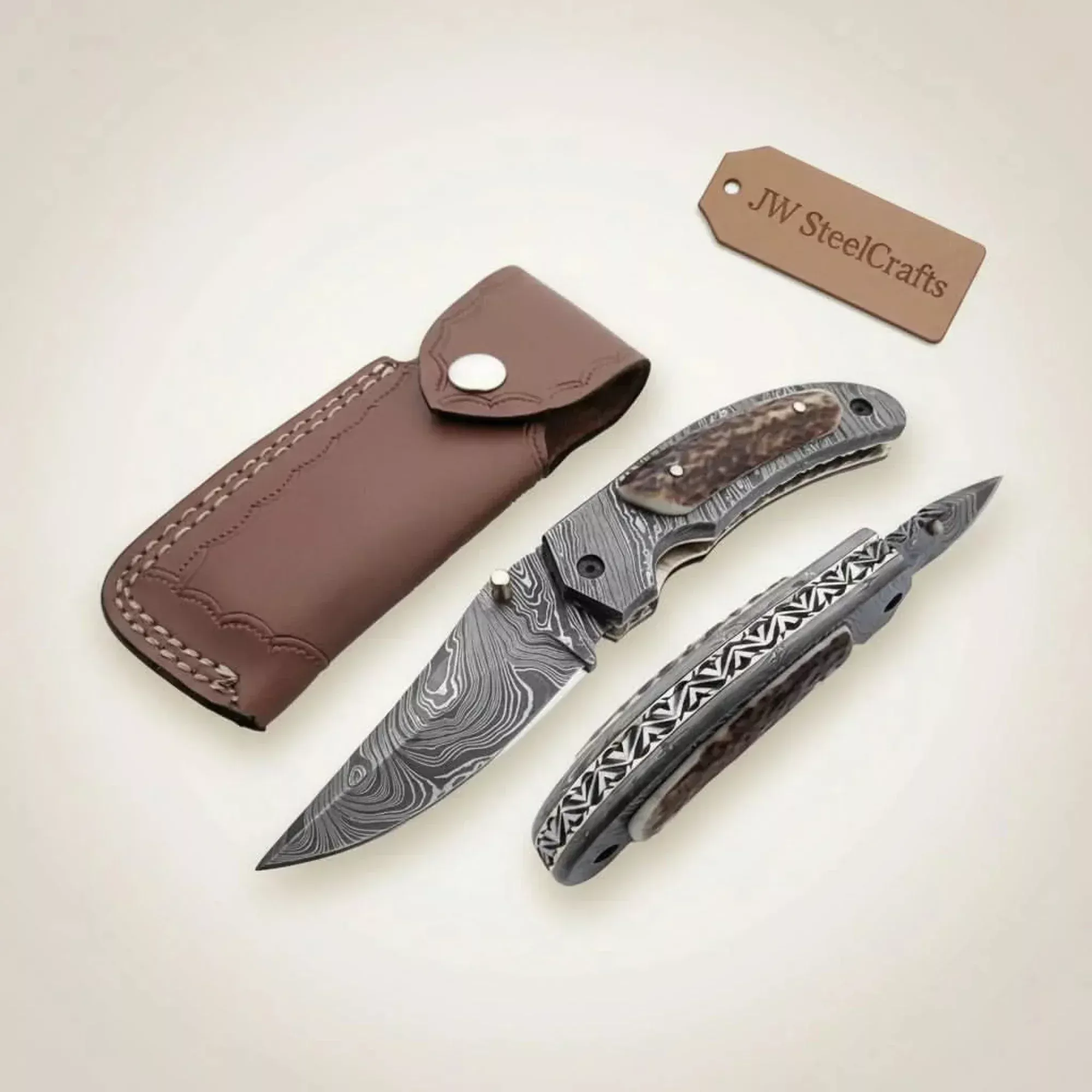 Handmade Damascus Folding Pocket Knife with Floral Engraved Handle – Compact EDC Knife by JW SteelCrafts