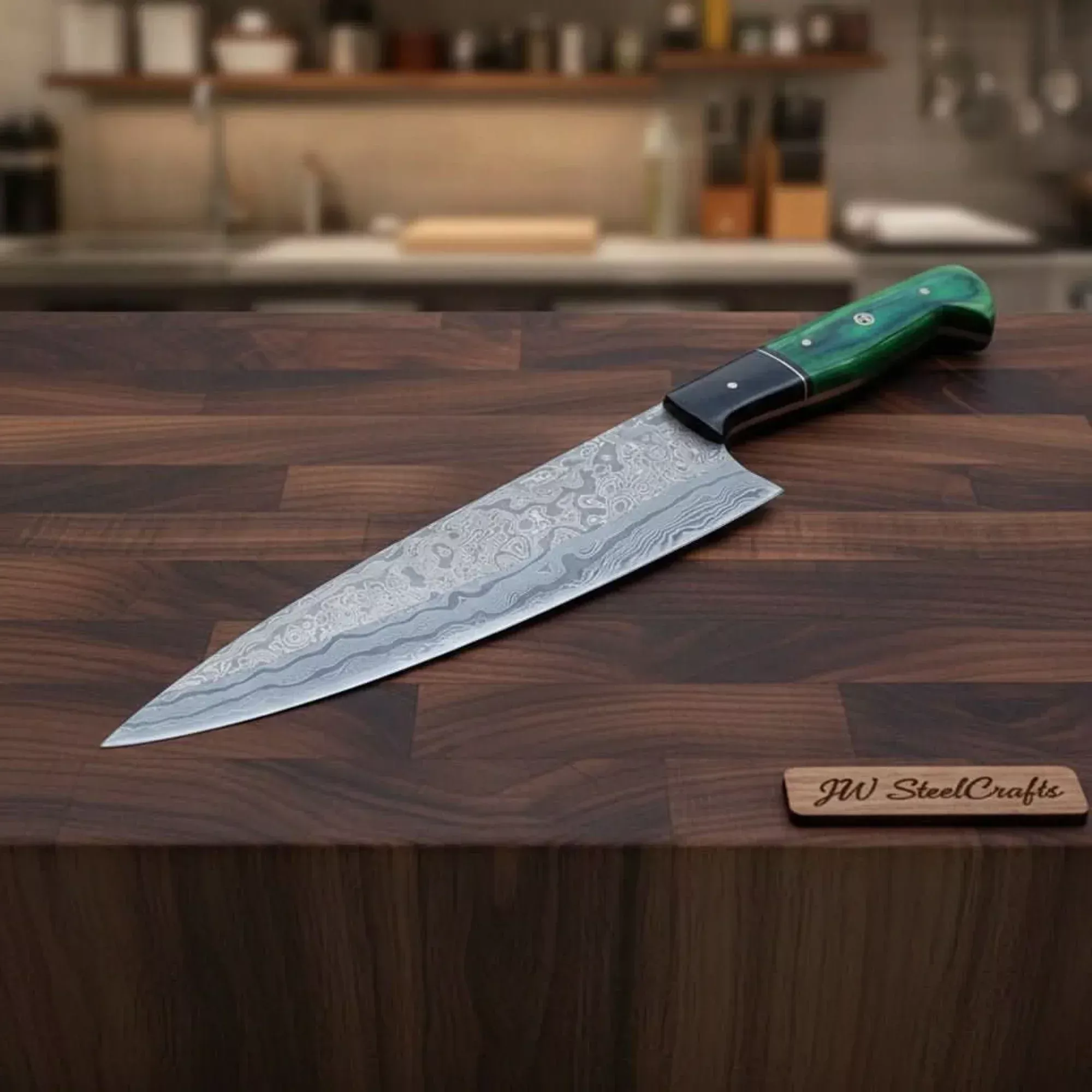 Handmade Damascus Gyuto Chef Knife, Full Tang Professional Kitchen Knife with Green Wood and Black Resin Handle, Forged Damascus Steel Culinary Cooking Knife, JW SteelCraft