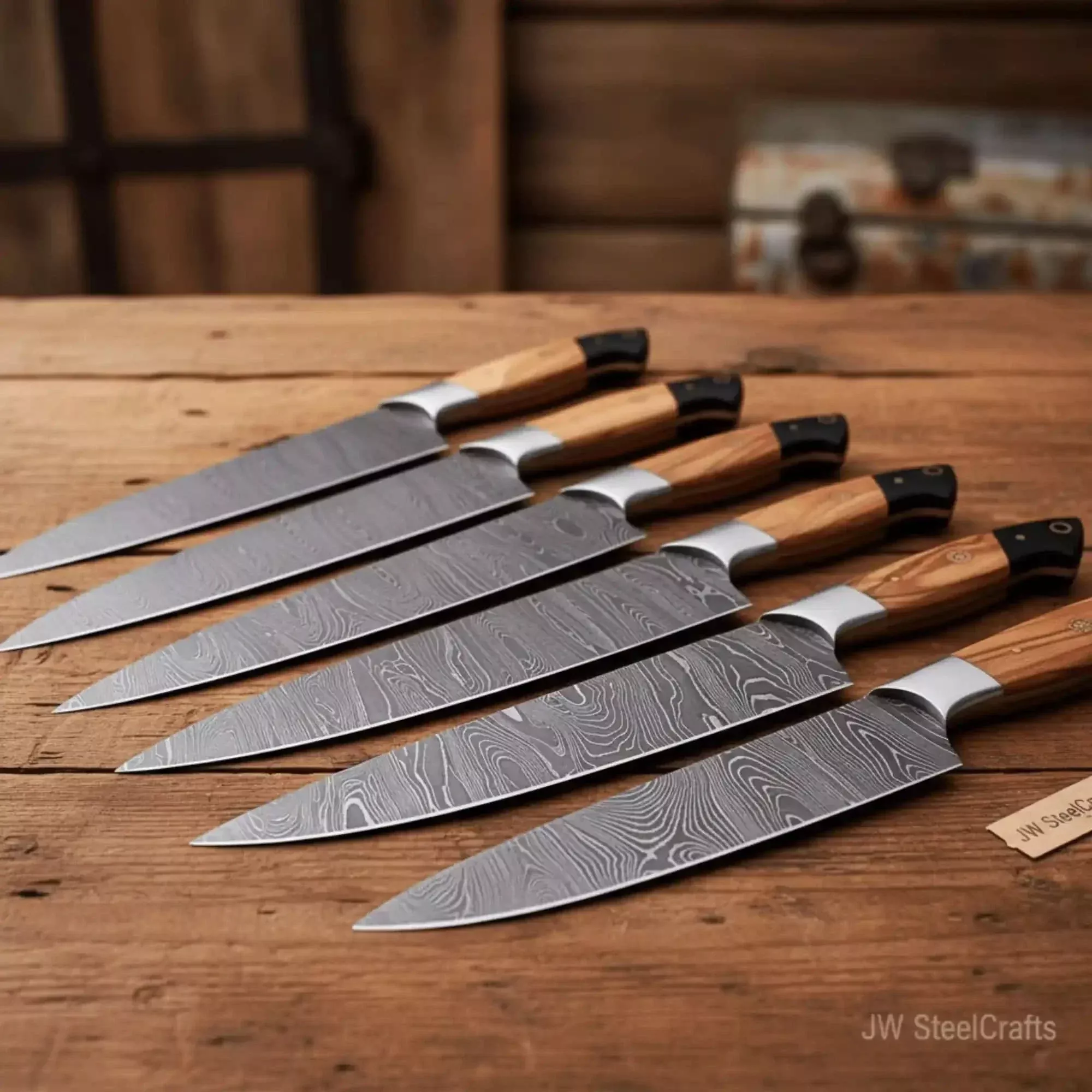 Handmade Damascus Knife Set, Olive Wood & Resin Handle