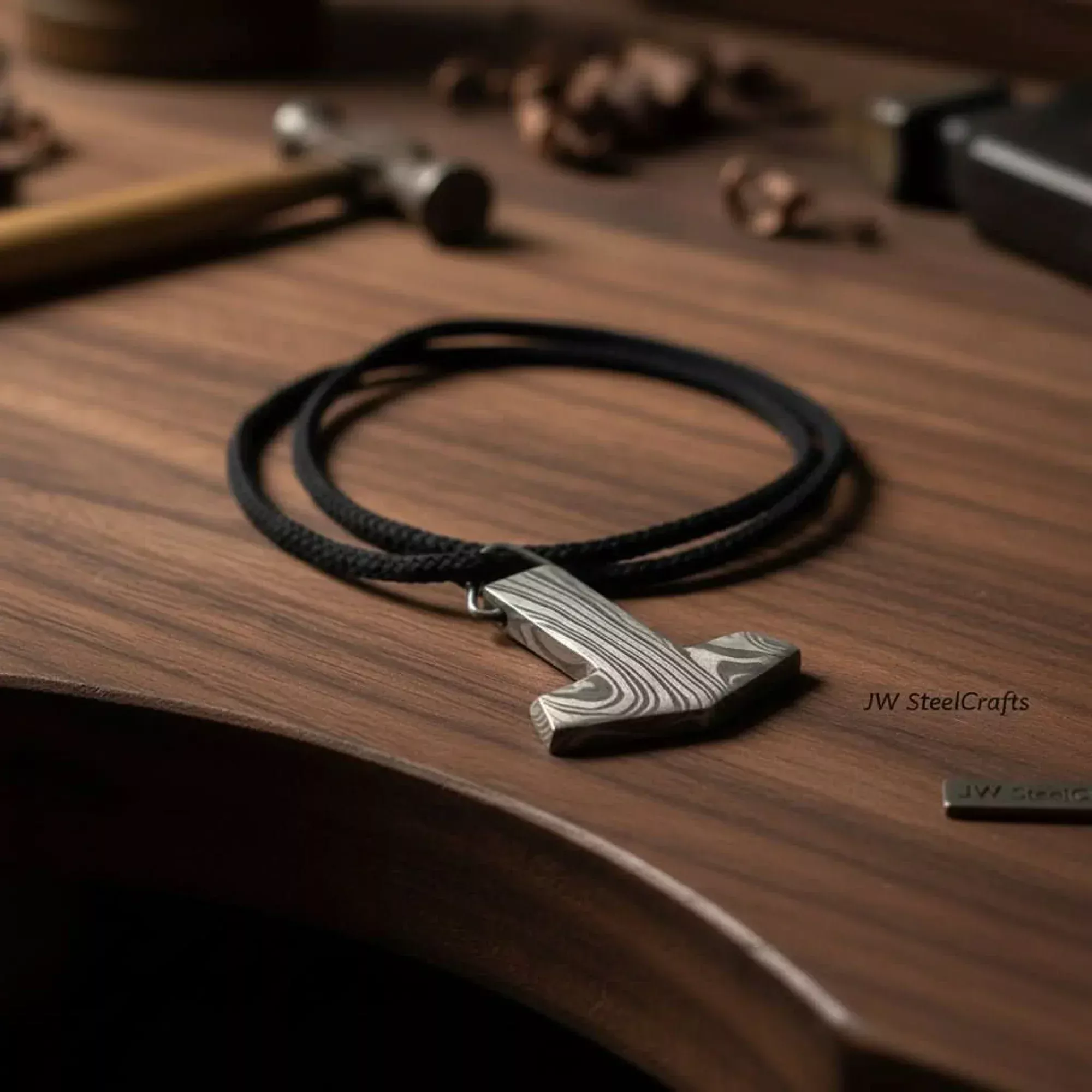 Handmade Damascus Mjolnir Pendant – Strength and Tradition