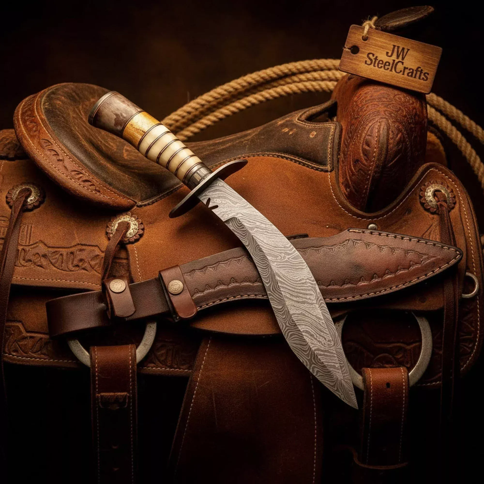 Handmade Damascus Rawhide Kukri Knife 10″ Blade with Bone Handle