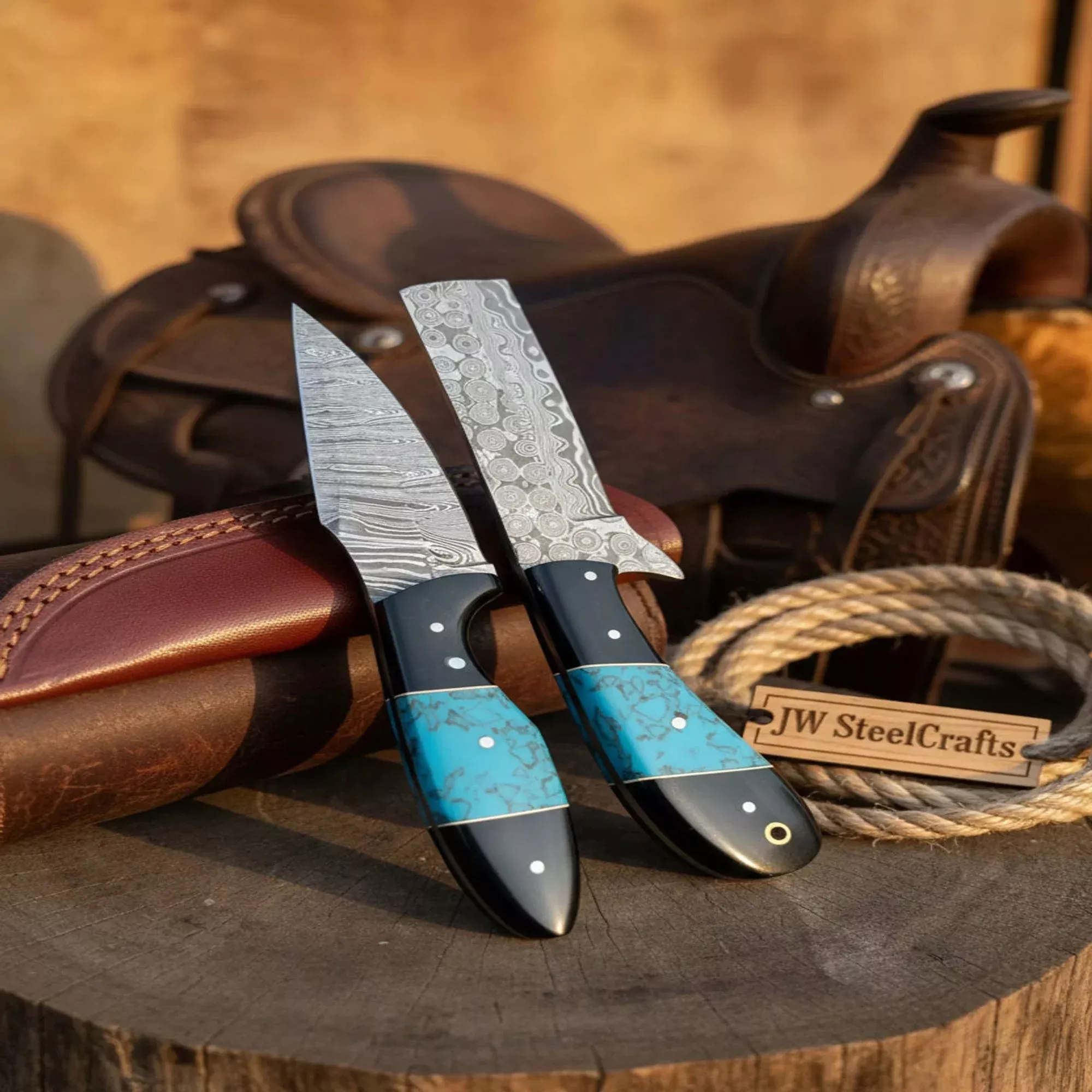 Handmade Damascus Skinner 7”– 8” Knife Set Cowboy Ranch Blades Turquoise Handle with Sheath