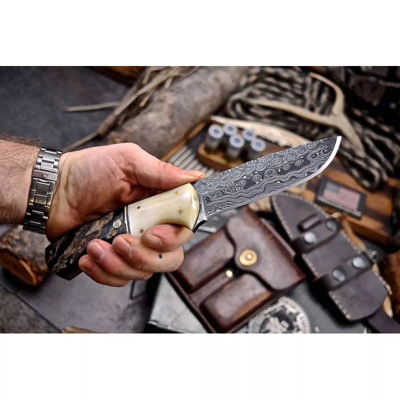 Handmade Damascus Skinning Knife with Camel Bone & Sheep Horn Handle