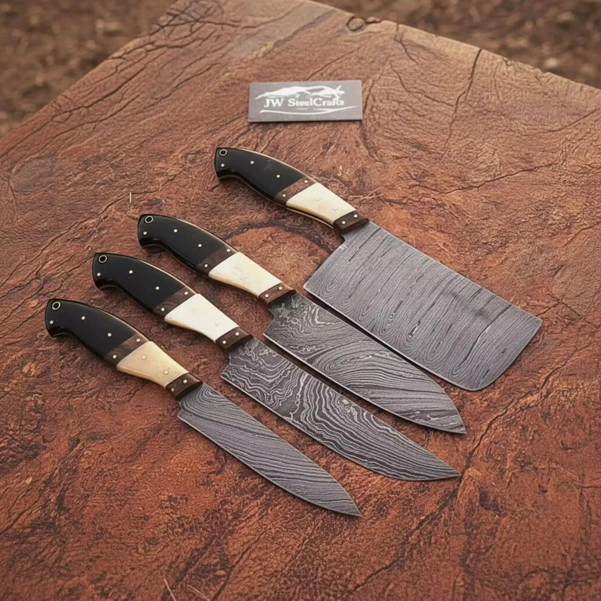 Handmade Damascus Steel Chef Knife Set with Bone & Wood Handle, 4-Piece Kitchen Cutlery Collection