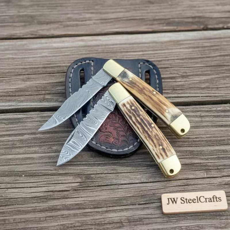 Handmade Damascus Steel Trapper Folding Knife 7″ Two Blade Stag Handle Brass Bolster EDC