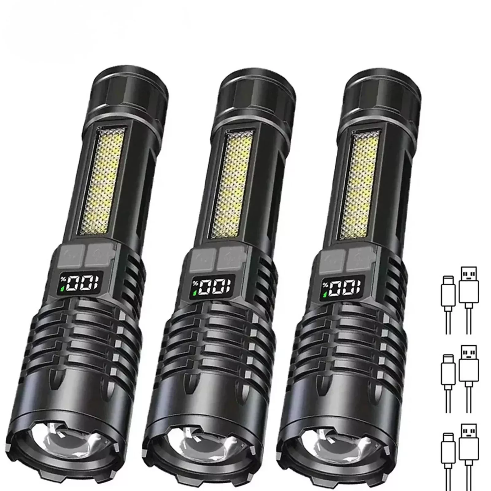 High Power LED Flashlight Type C Rechargeable COB Torch Side Light Camping