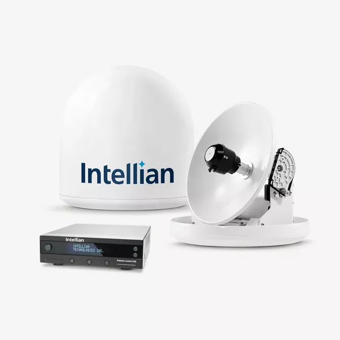 Intellian i2 14.6″ Dia. White TV Antenna System with Control Unit, MIM-2 Switch and 49′ RG6 Cable for North America• B4-209DN2