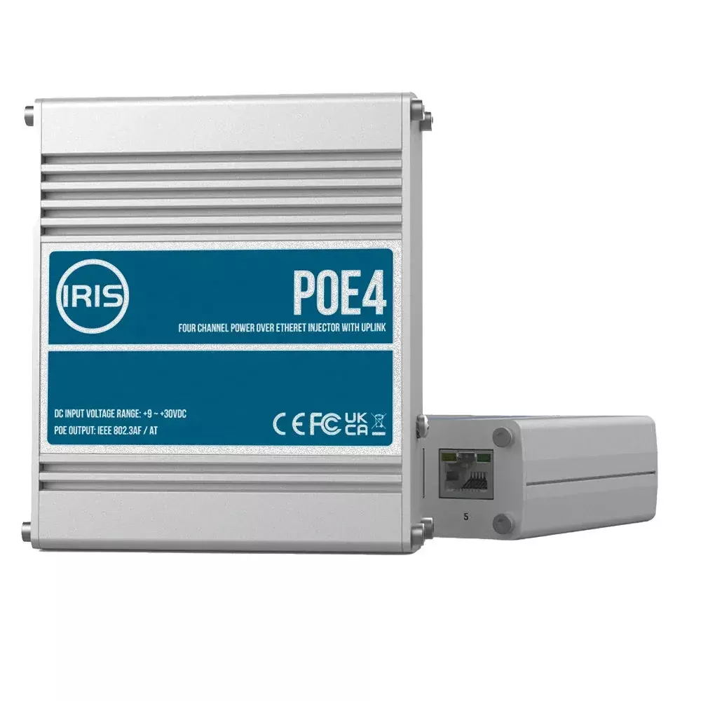 Iris Four Channel Uplink Power Over Ethernet Switch – IEEE802.3af3at Compliant – 9-30VDC Input – 48VDC Output [POE4V2]