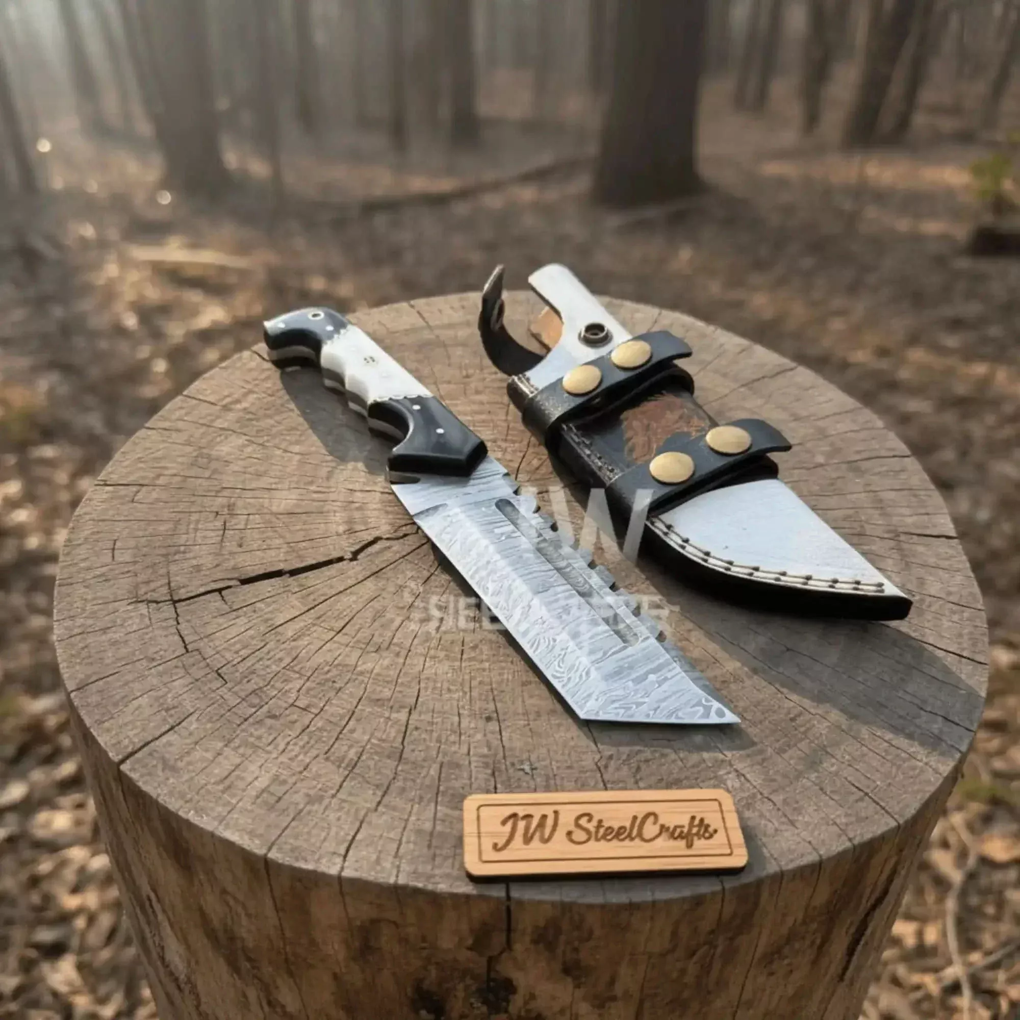 Ironbark Tracker Damascus Knife 10″ Black & White Resin Handle, Filework Spine, Curved Guard & Leather Sheath