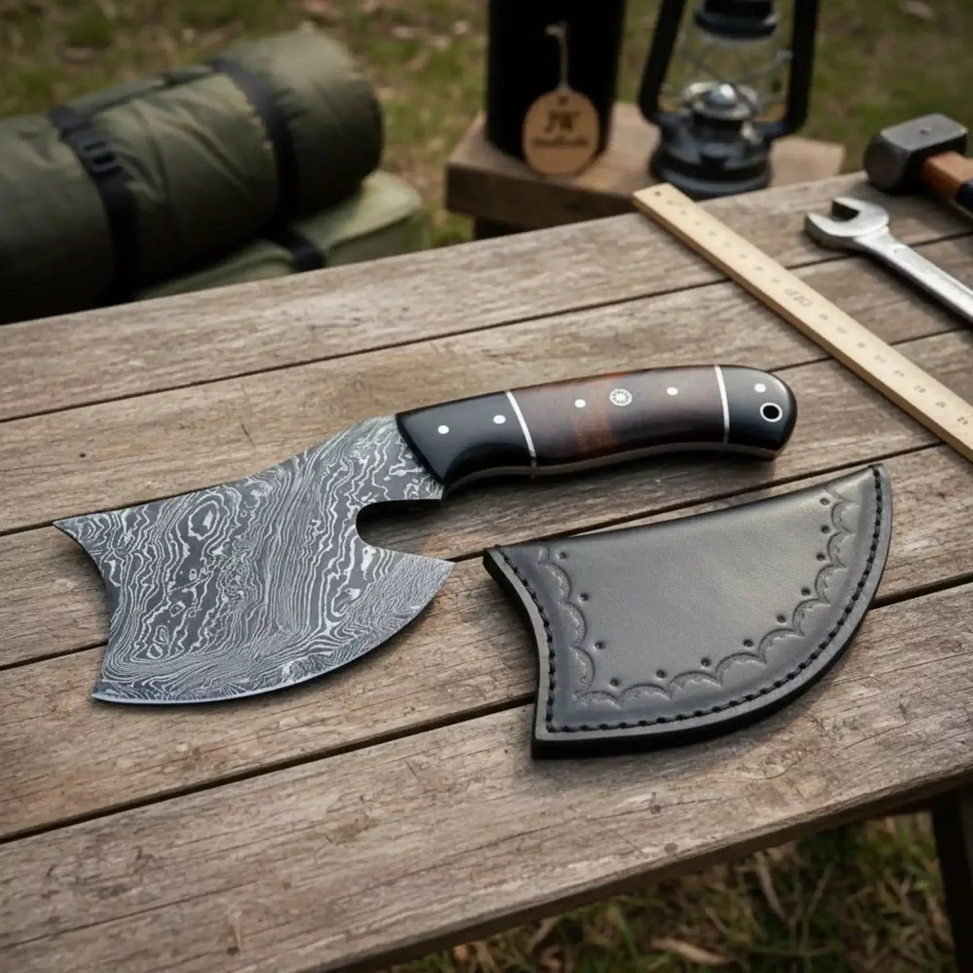 Kaelwyn Damascus Cleaver Hatchet with Layered Wood Scales